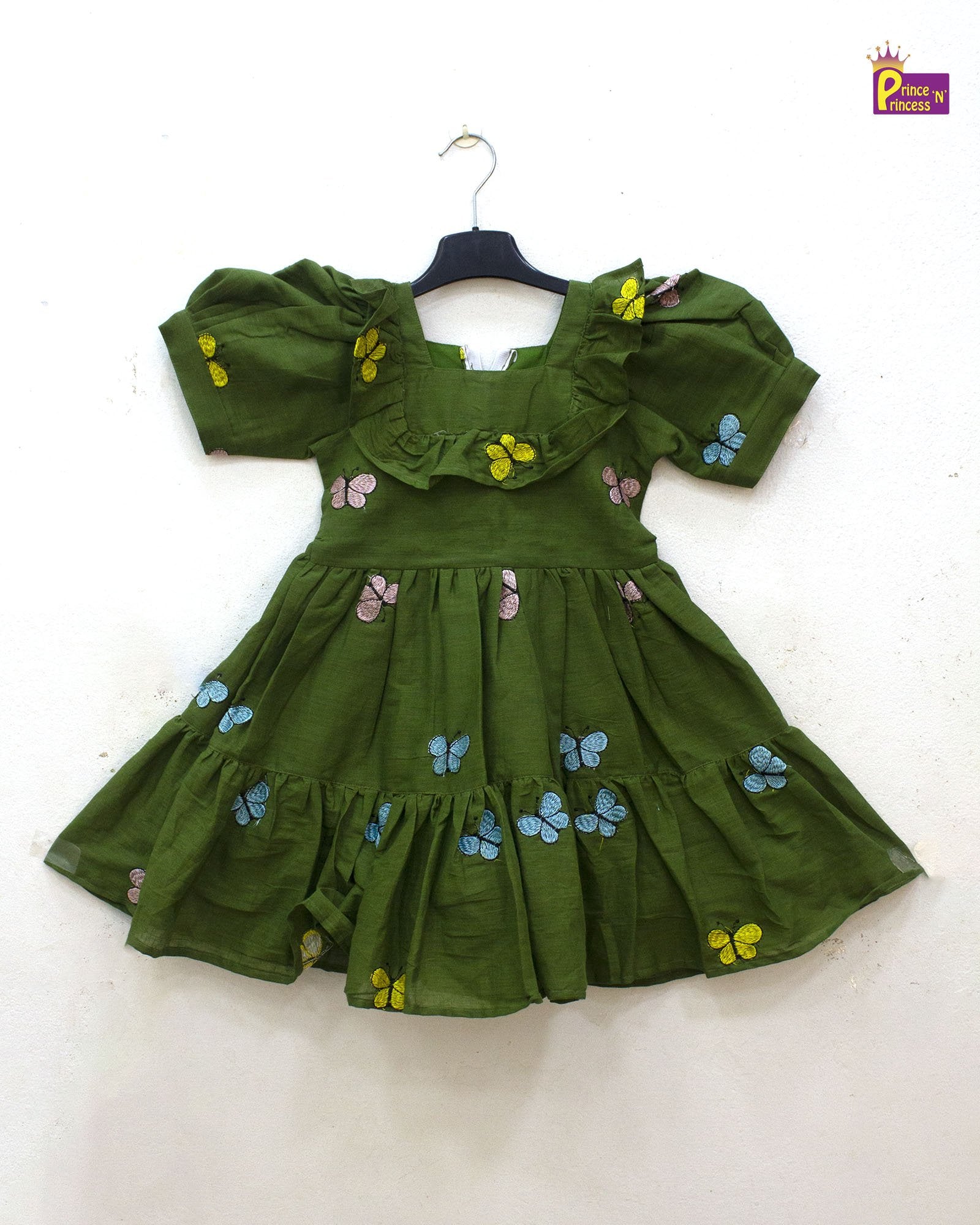 Kids Green With Printed Butterfly Cotton Frock CF369 - Prince N Princess