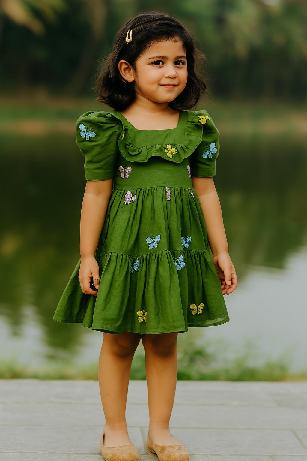 Kids Green With Printed Butterfly Cotton Frock CF369 - Prince N Princess