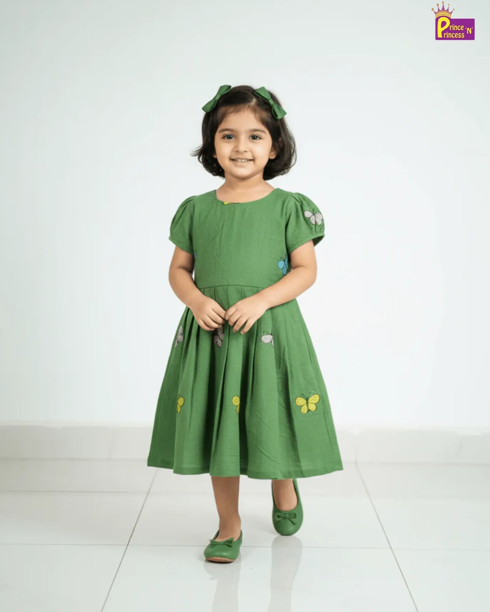 Kids Green With Printed Butterfly Cotton Frock CF387 for kids festival wear
