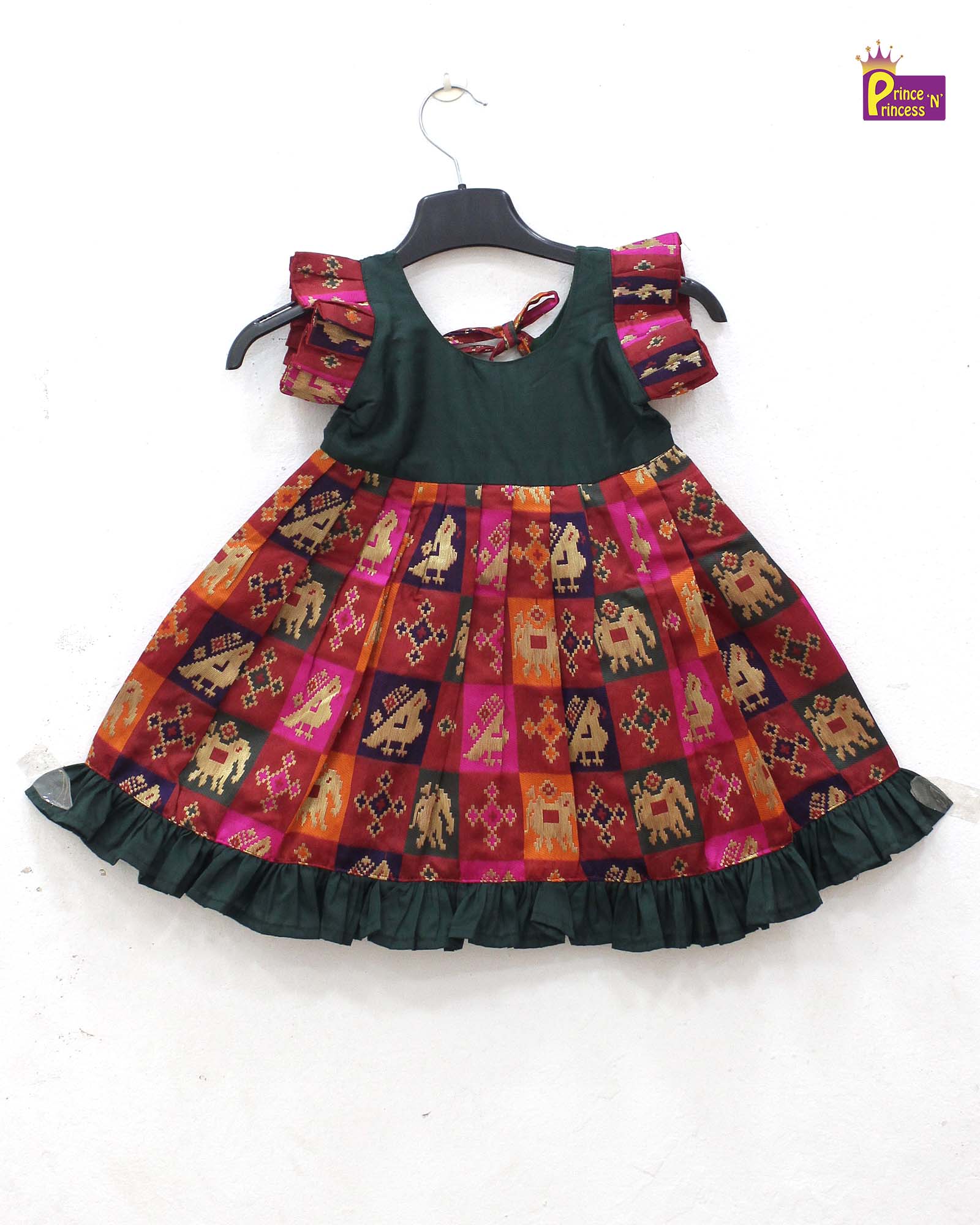 Kids Green with Red Raw Silk Frock LF839 - Prince N Princess