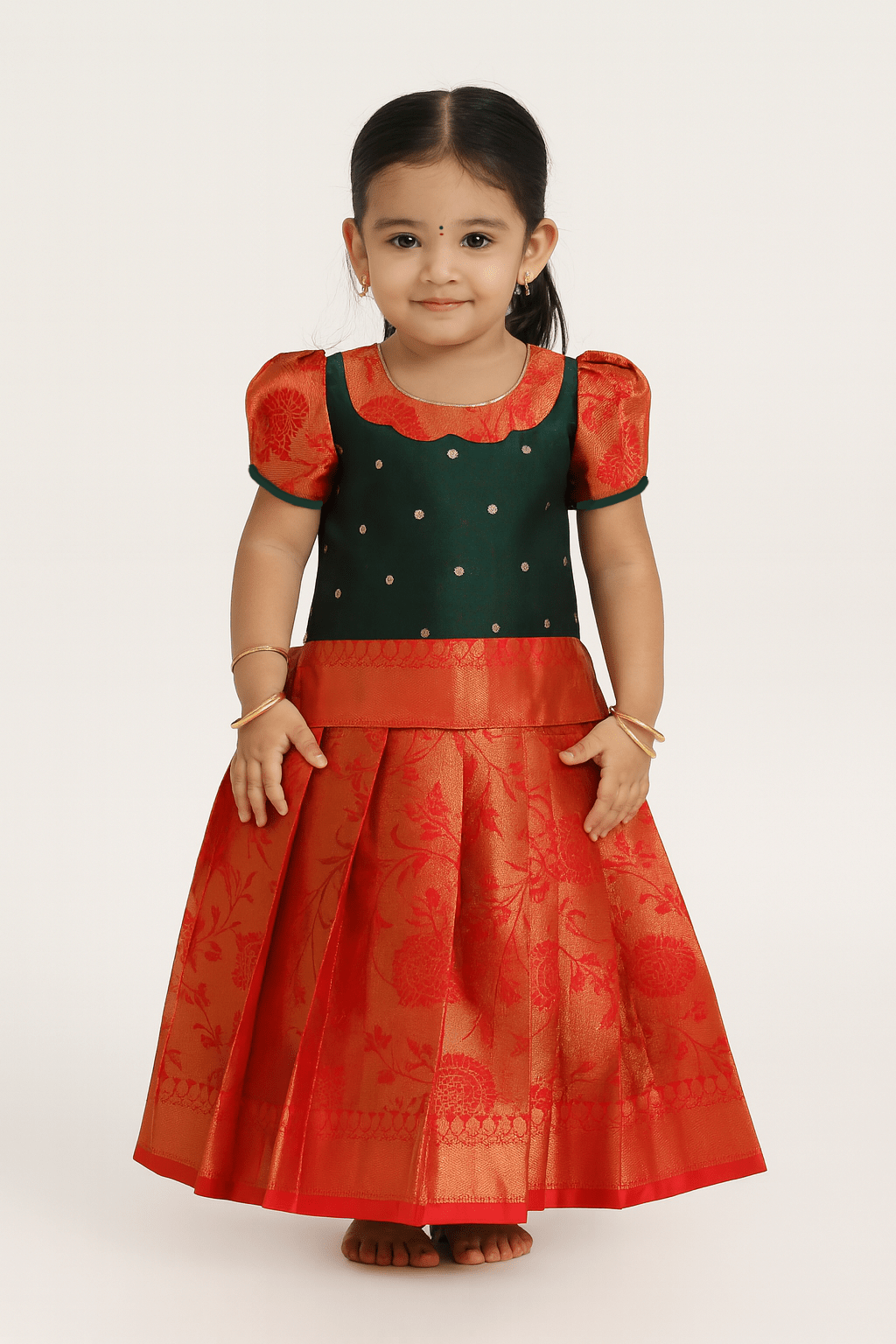 Kids Green With Red Traditional Pattupavadai PPP1422 - Prince N Princess