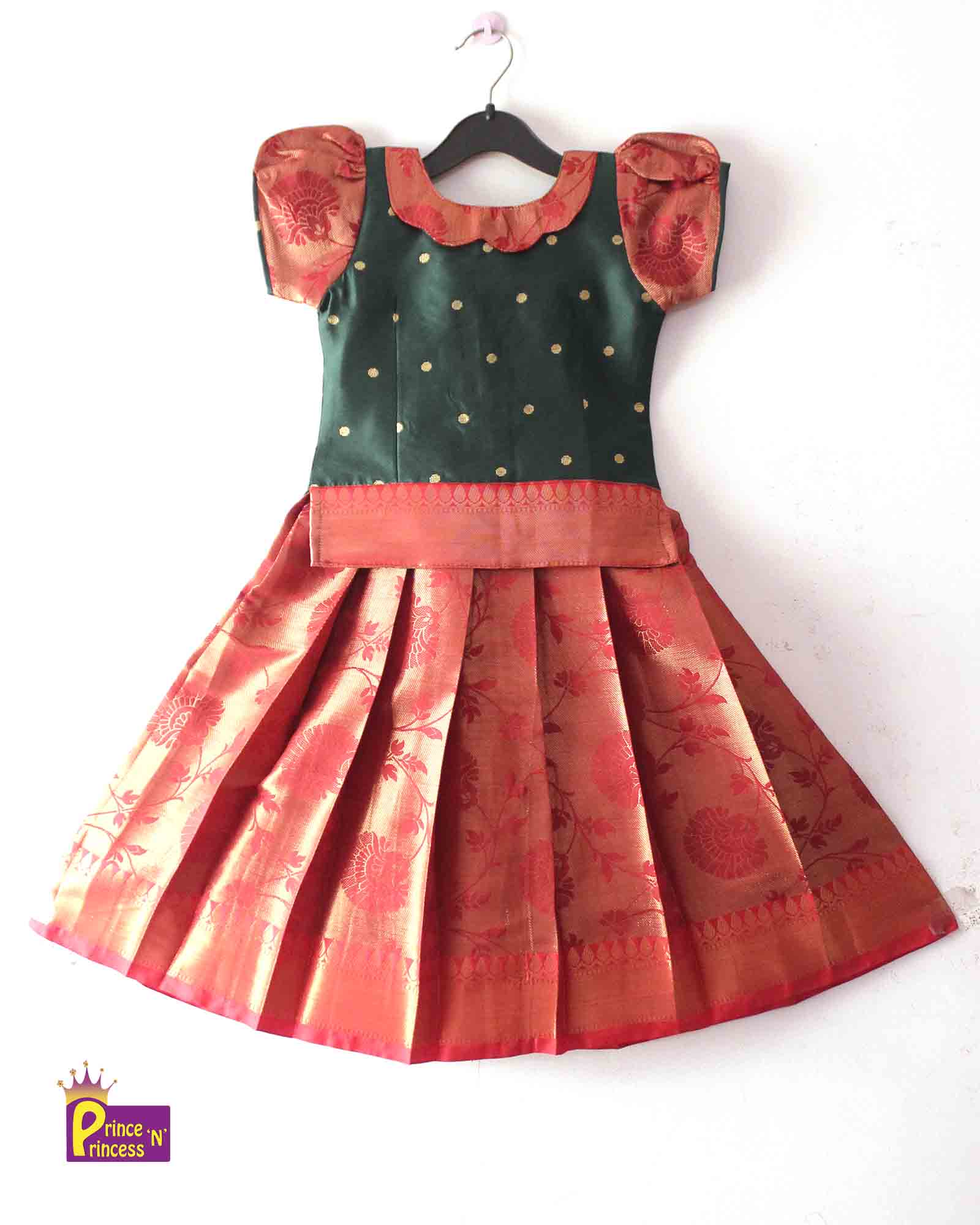 Kids Green With Red Traditional Pattupavadai PPP1422 - Prince N Princess