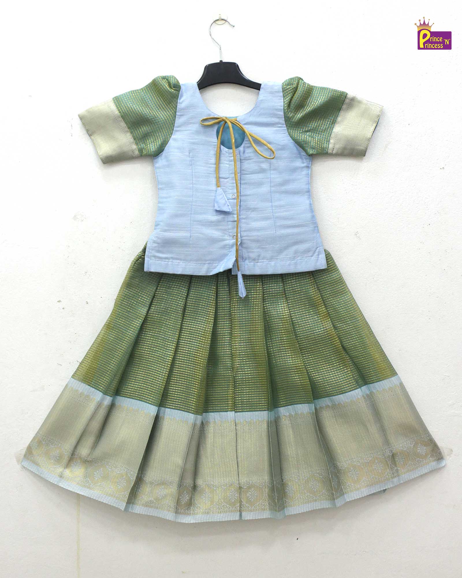 Kids Green With skyblue Traditional Pattupavadai PPP1699 - Prince N Princess