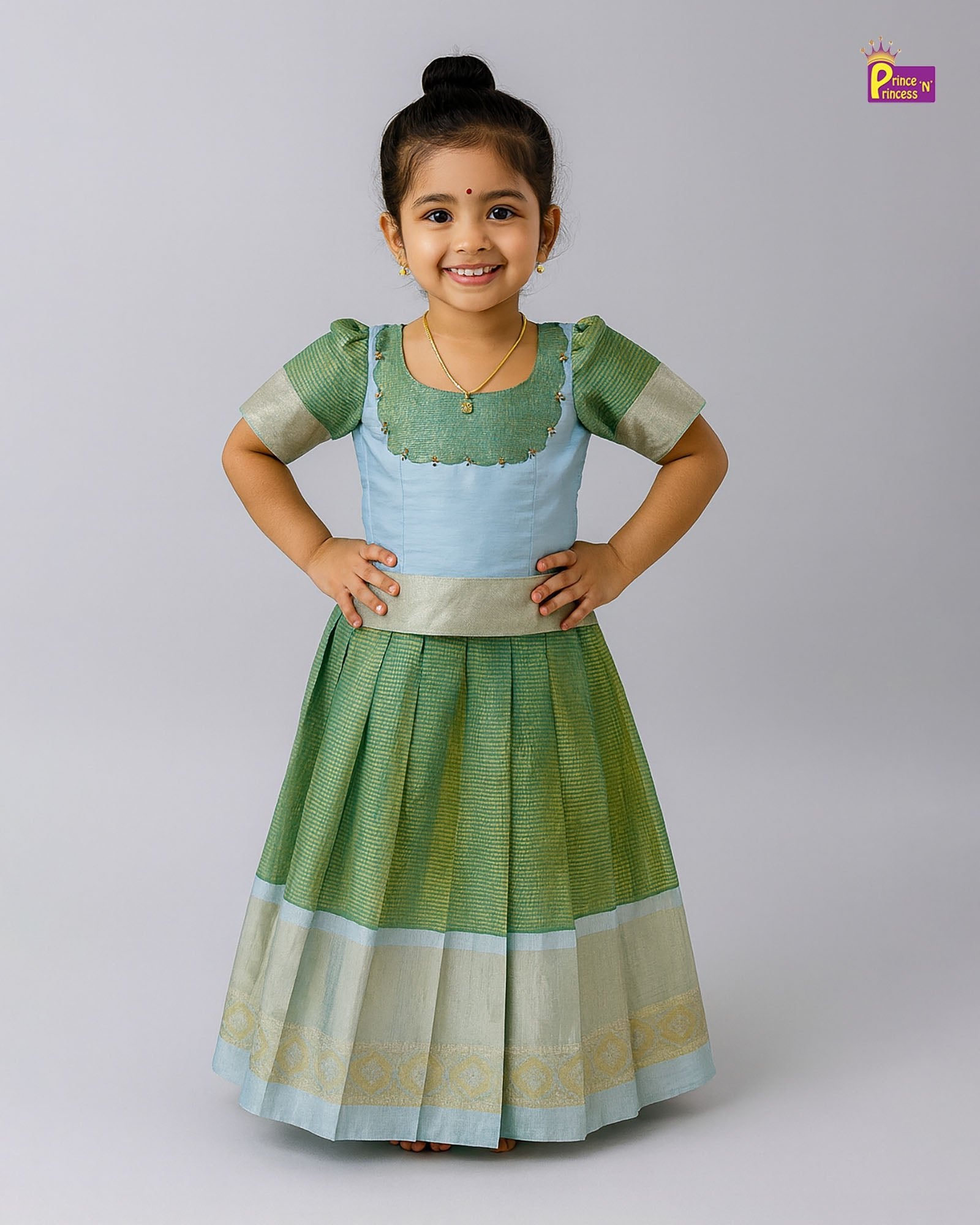 Kids Green With skyblue Traditional Pattupavadai PPP1699 - Prince N Princess