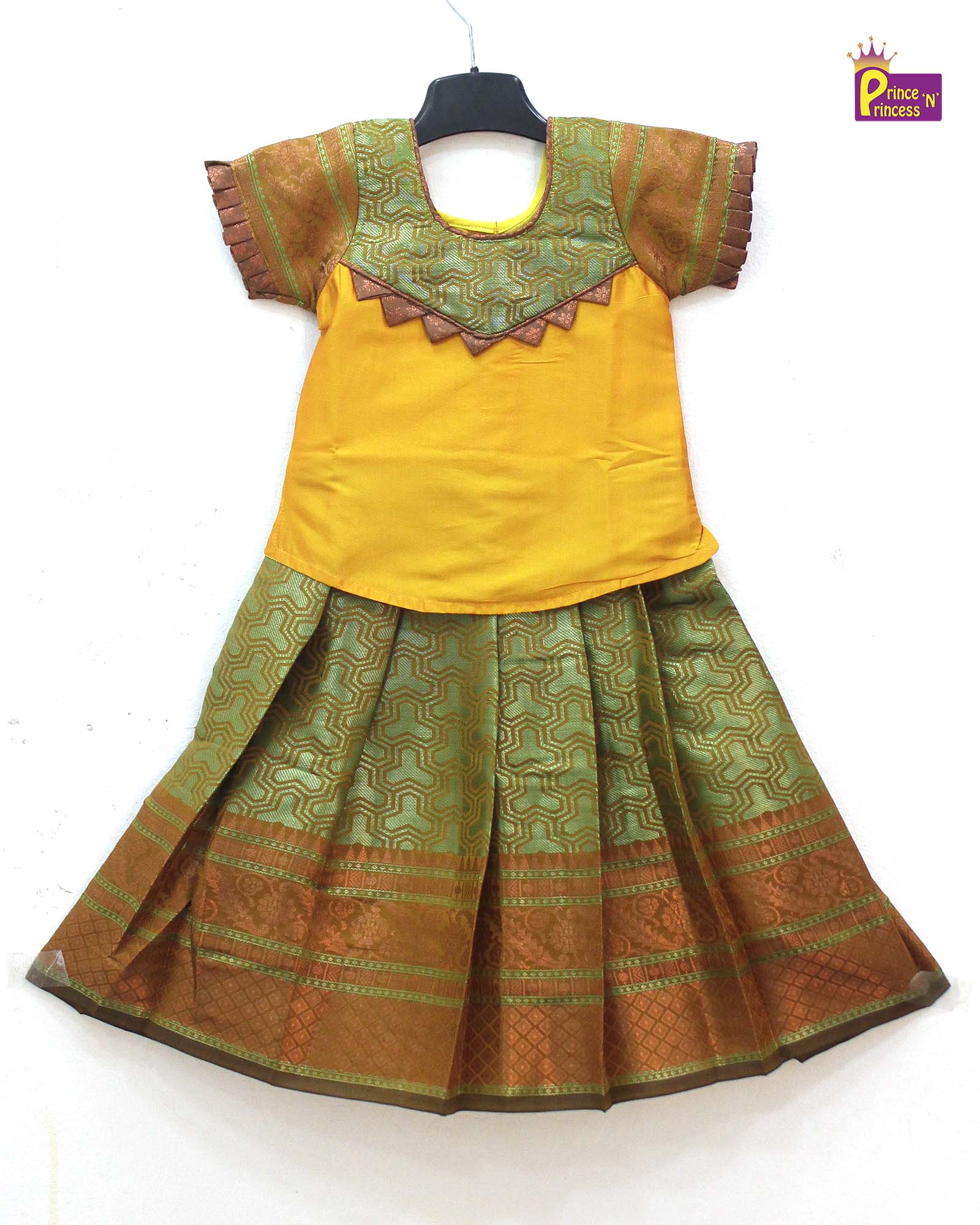 Kids Green With Yellow Traditional AARI Work Pattu Pavadai PPP1621 - Prince N Princess