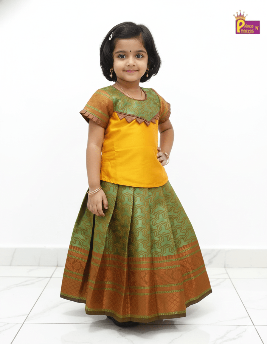 Kids Green With Yellow Traditional AARI Work Pattu Pavadai PPP1621 - Prince N Princess