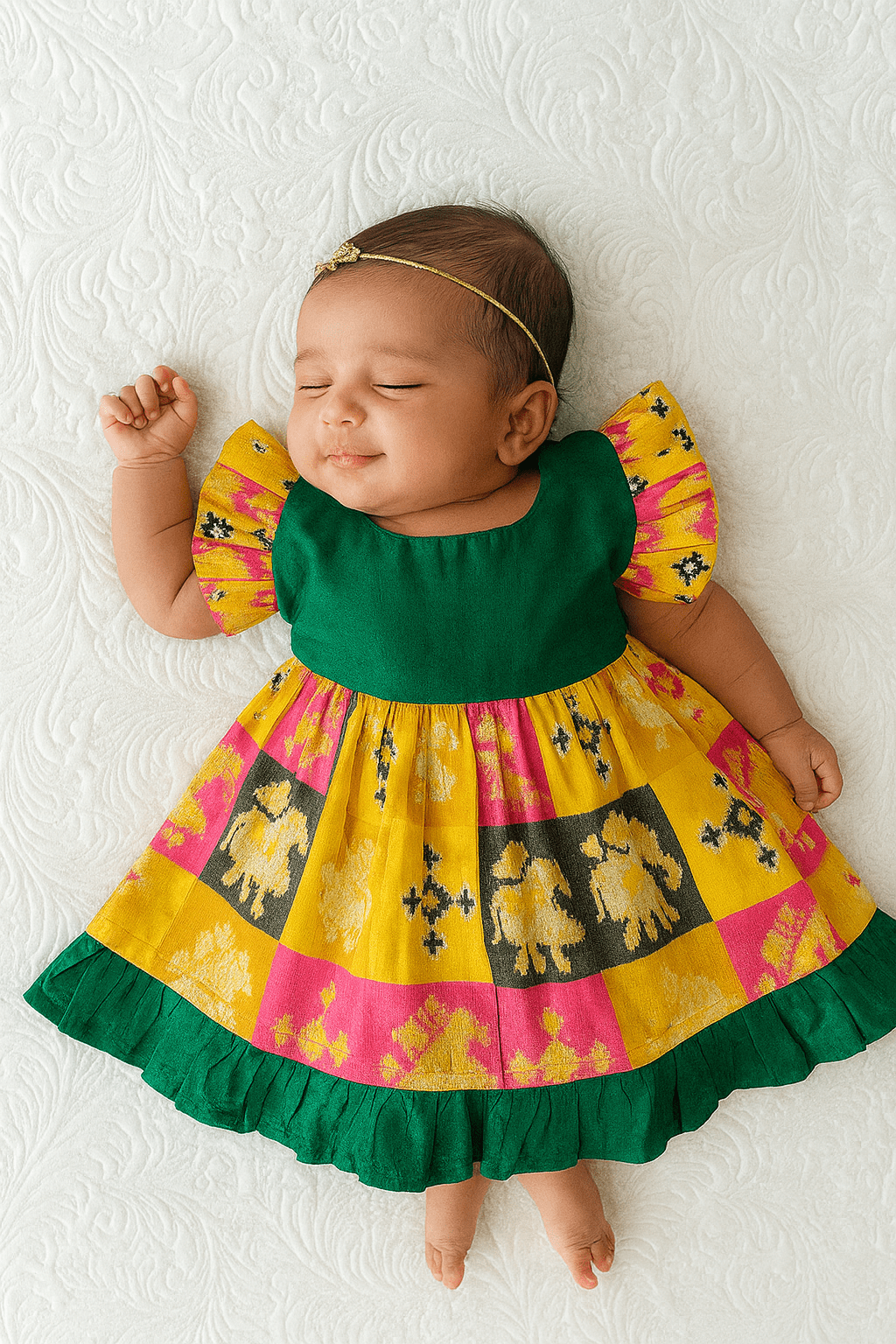 Kids Green Yellow Raw Silk Frock LF611 - Prince N Princess Baby Girl (0-1  Yrs)