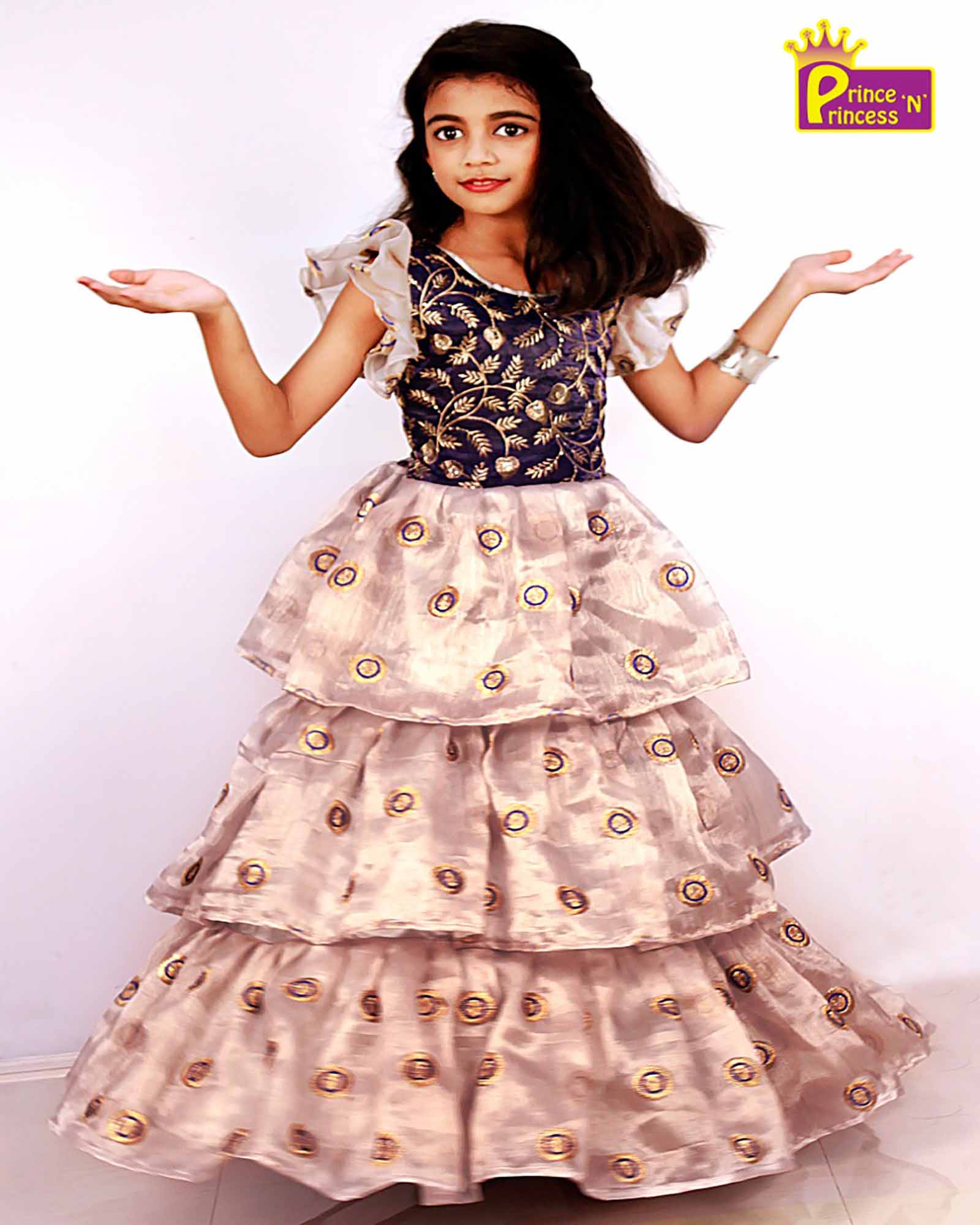 Kids Grey Blue Embroidery Party Gown PG080 - Prince N Princess