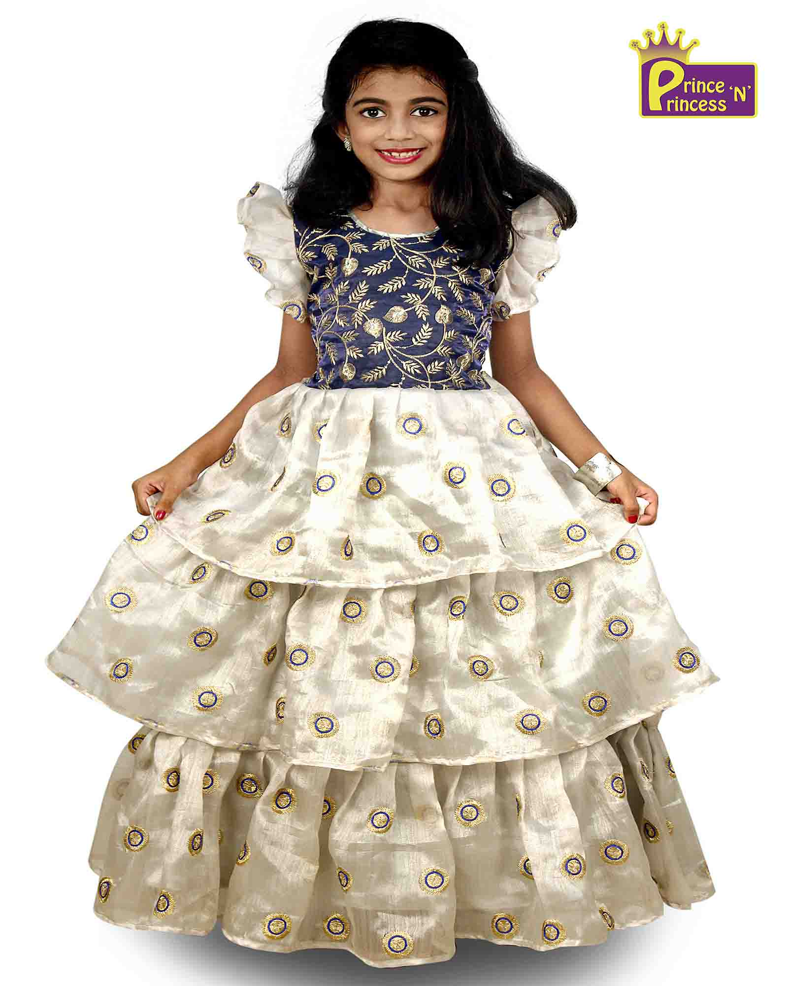 Kids Grey Blue Embroidery Party Gown PG080 - Prince N Princess