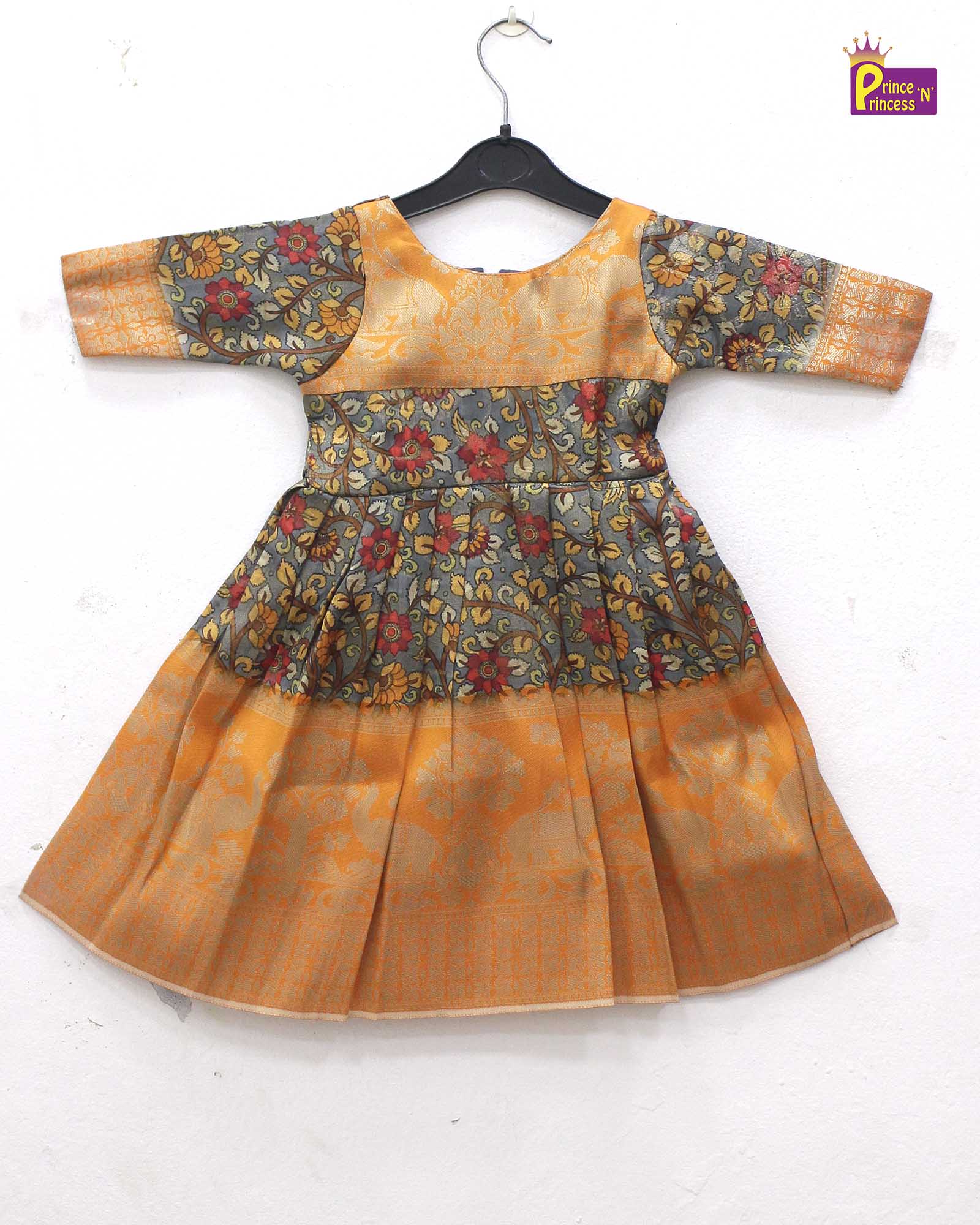 Kids Grey orange Kalamkari Designer Gown PG330 - Prince N Princess