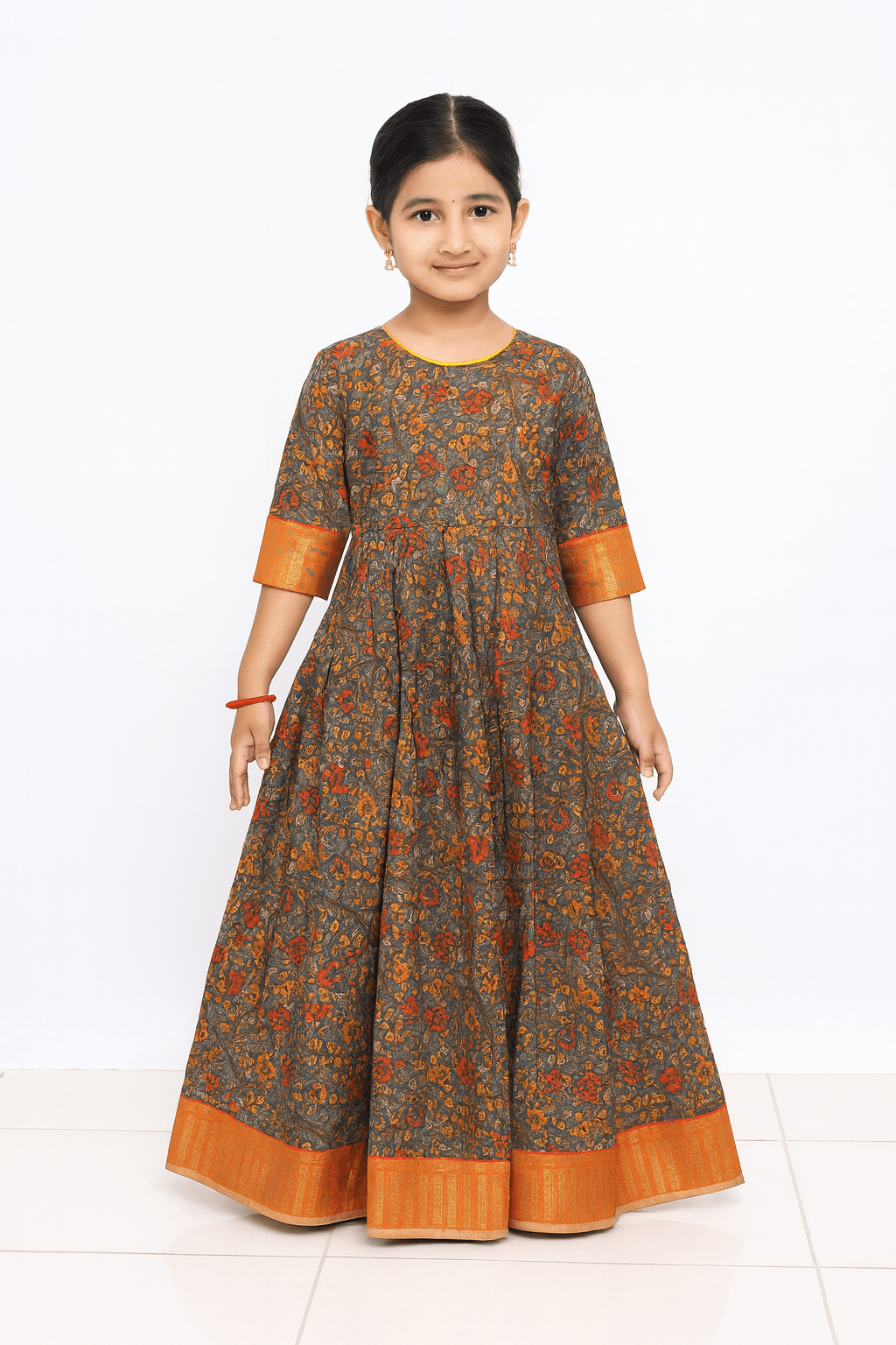 Kids Grey orange Kalamkari Designer Gown PG330 - Prince N Princess