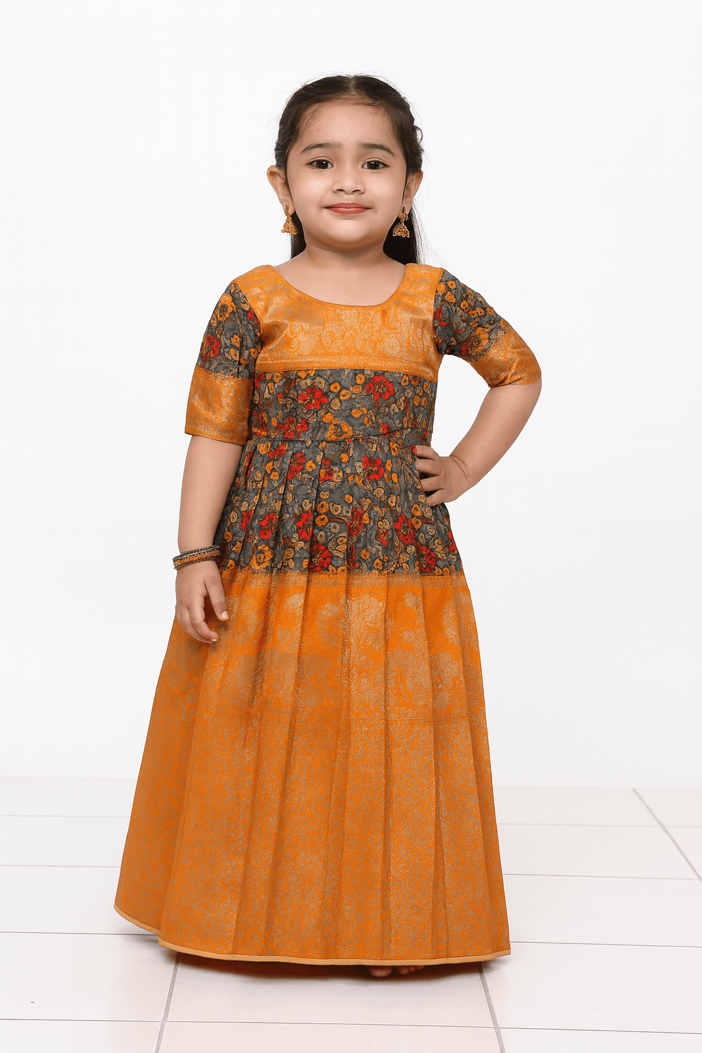Kids Grey orange Kalamkari Designer Gown PG330 - Prince N Princess