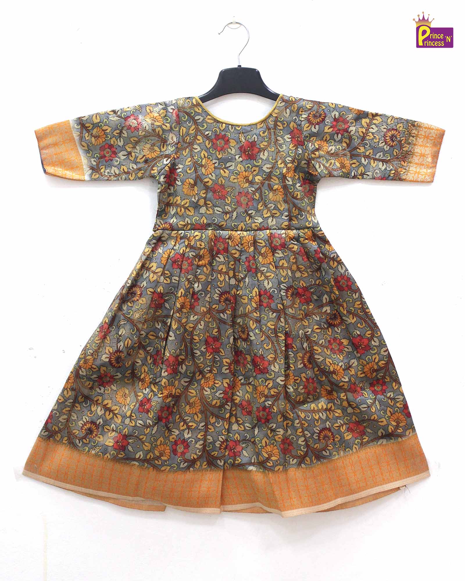 Kids Grey orange Kalamkari Designer Gown PG330 - Prince N Princess