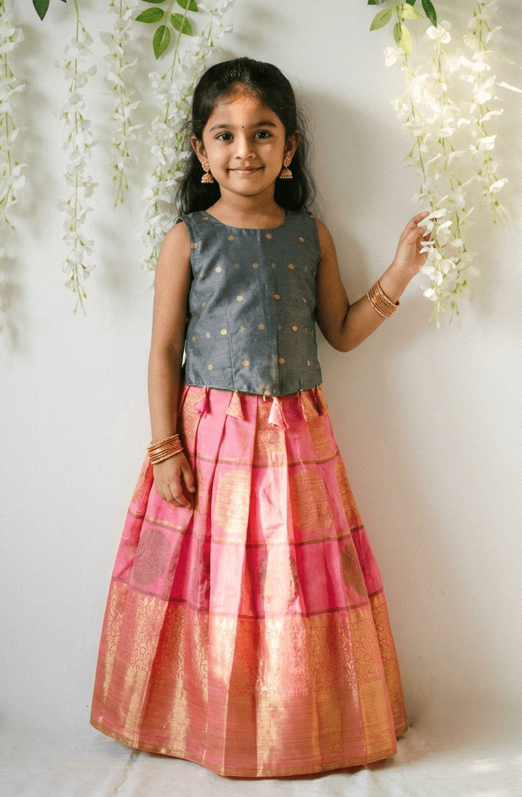 Kids Grey & Pink Raw Silk Lehenga Choli LC283 - Prince N Princess
