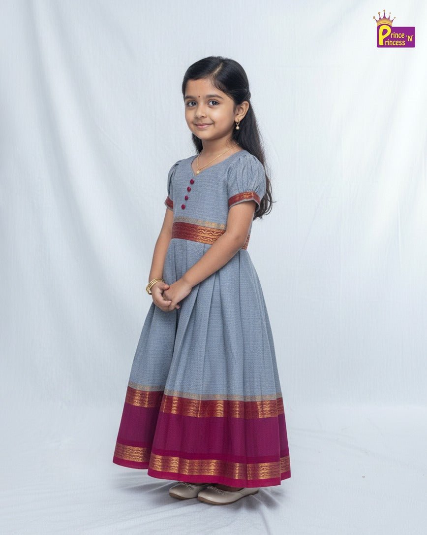 Kids Grey With Magenta Chettinad Cotton Gown PG661 - Prince N Princess
