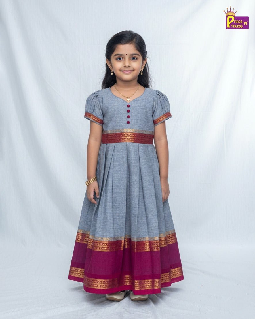 Kids Grey With Magenta Chettinad Cotton Gown PG661 - Prince N Princess