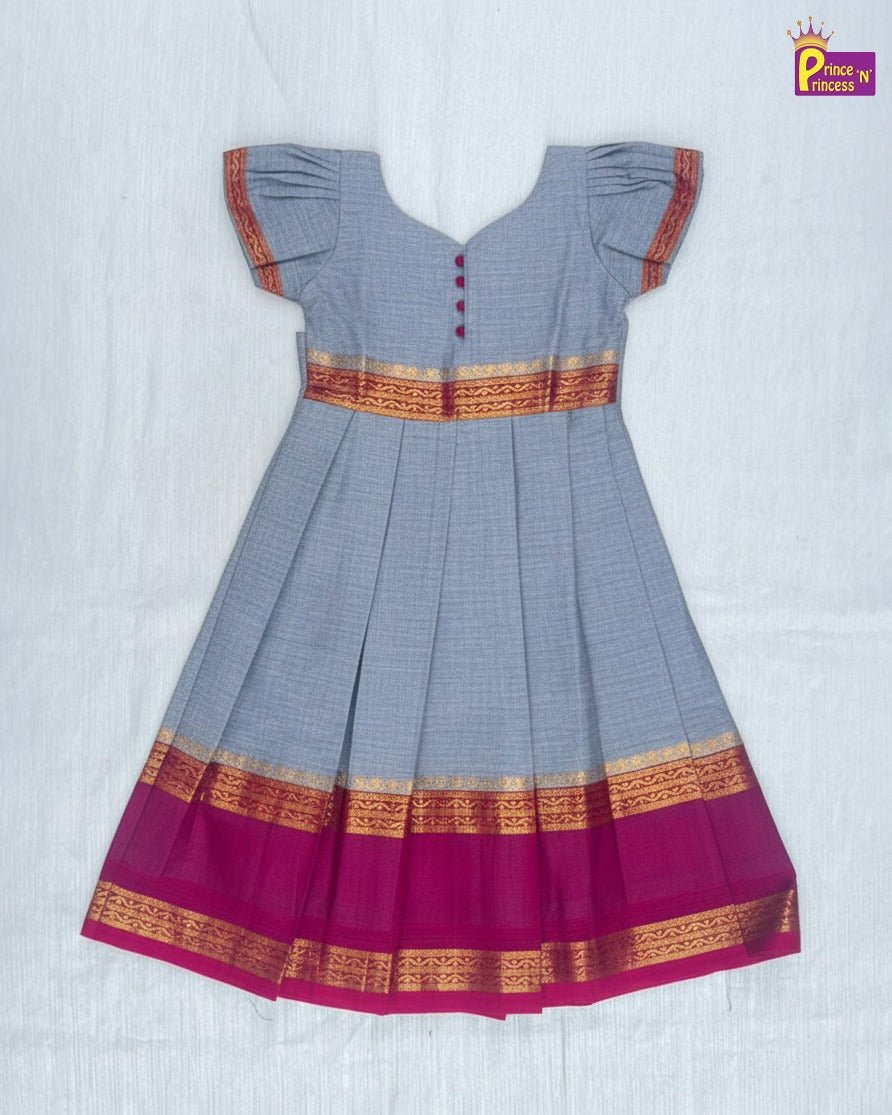 Kids Grey With Magenta Chettinad Cotton Gown PG661 - Prince N Princess