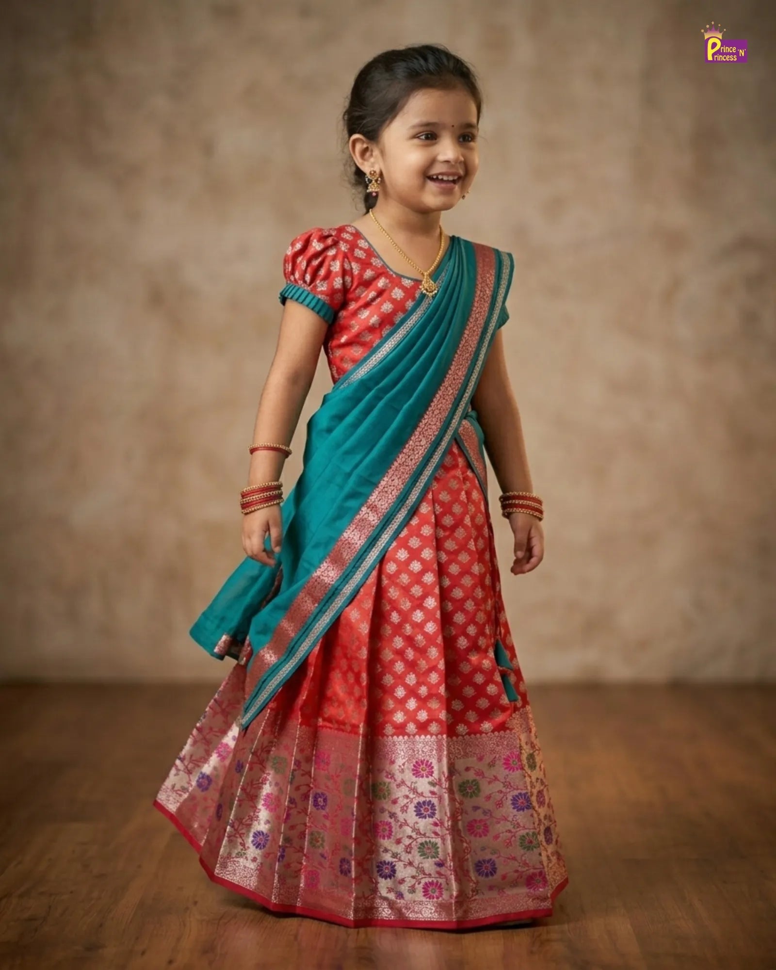 KIds Half Saree or Dhavani for Little Princess in Red with Green HF027 for kids festival wear