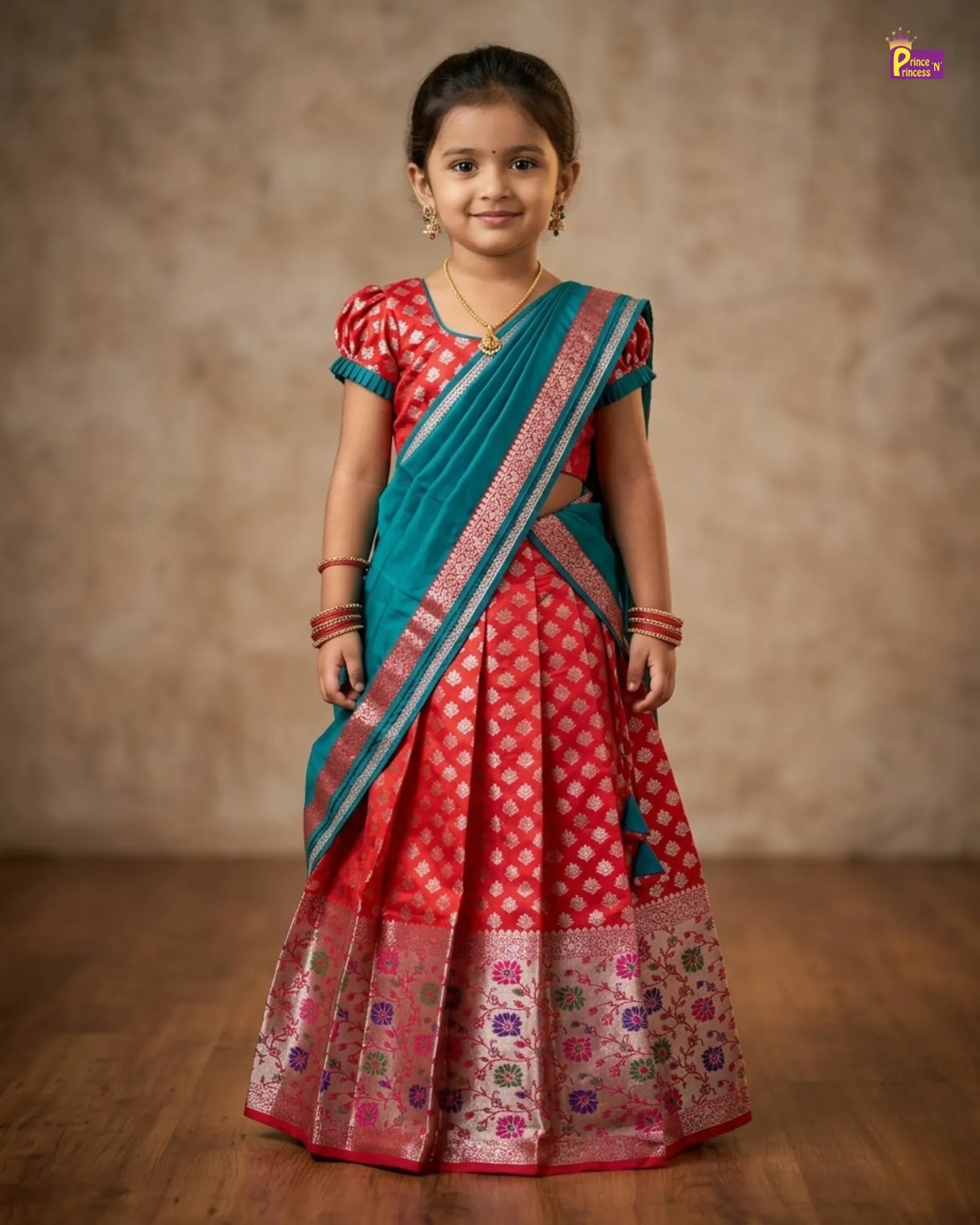 KIds Half Saree or Dhavani for Little Princess in Red with Green HF027 for kids festival wear