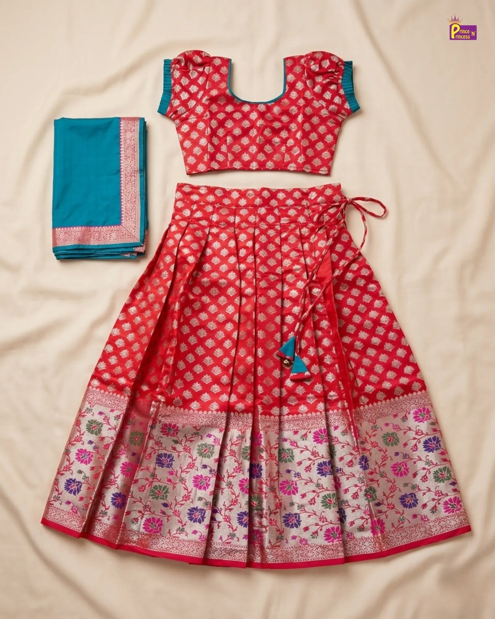 KIds Half Saree or Dhavani for Little Princess in Red with Green HF027 for kids festival wear