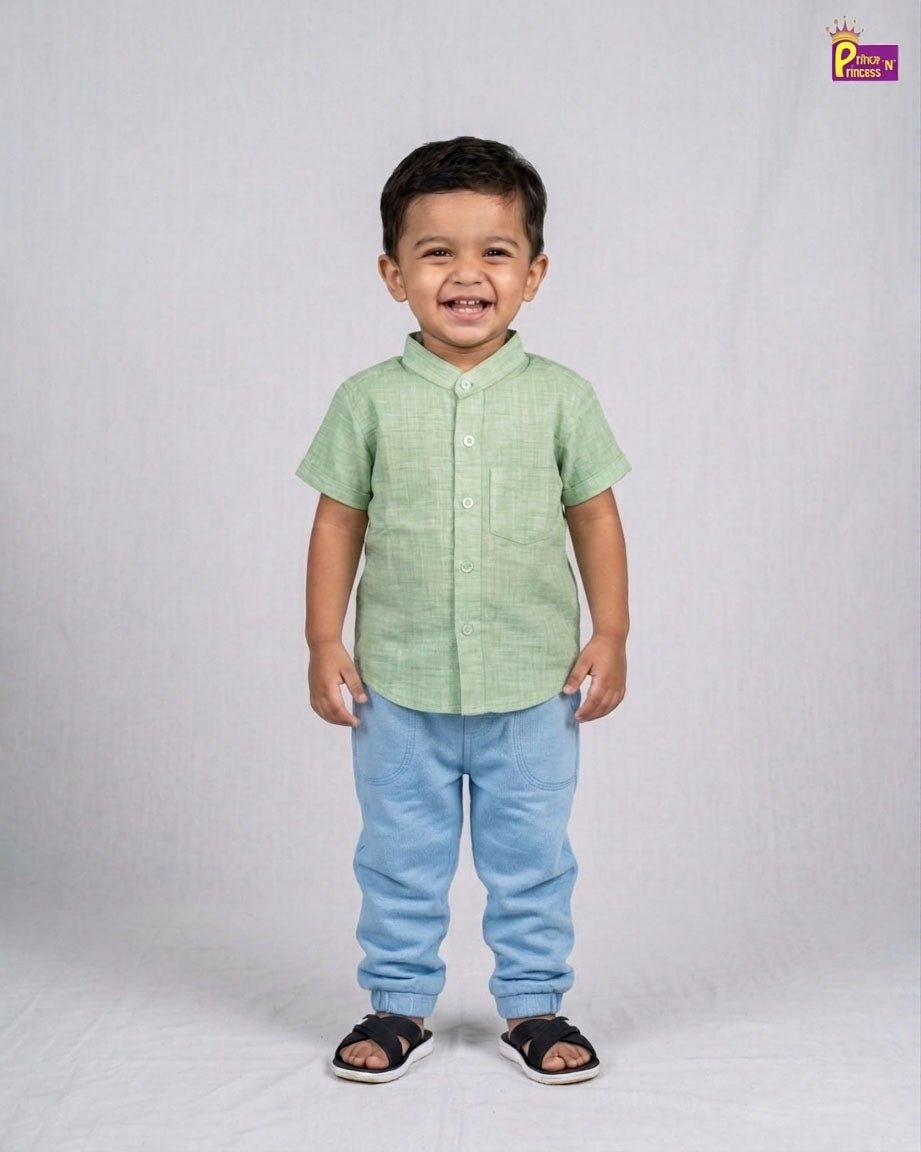 Kids Half Sleeve Chinese Color Cotton Shirt in Pista Green ST227 - Prince N Princess