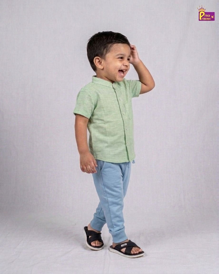 Kids Half Sleeve Chinese Color Cotton Shirt in Pista Green ST227 - Prince N Princess