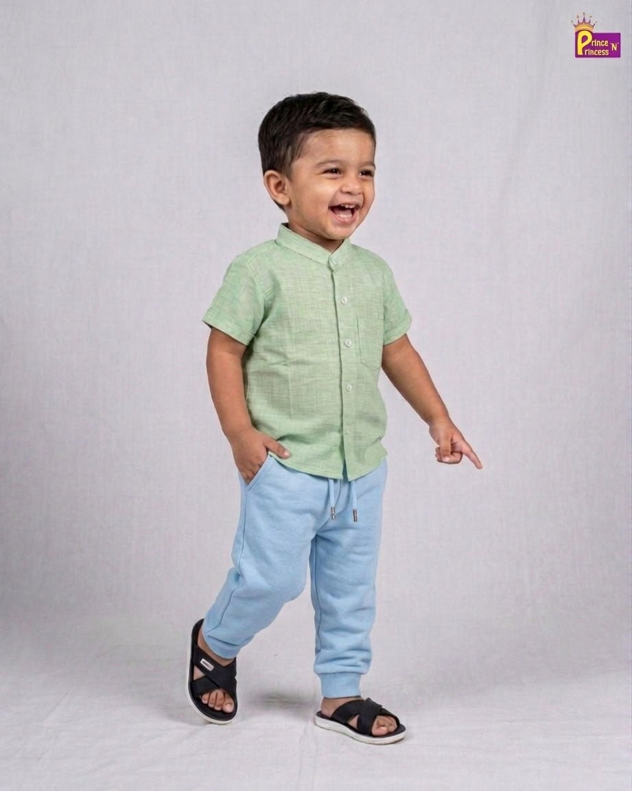 Kids Half Sleeve Chinese Color Cotton Shirt in Pista Green ST227 - Prince N Princess