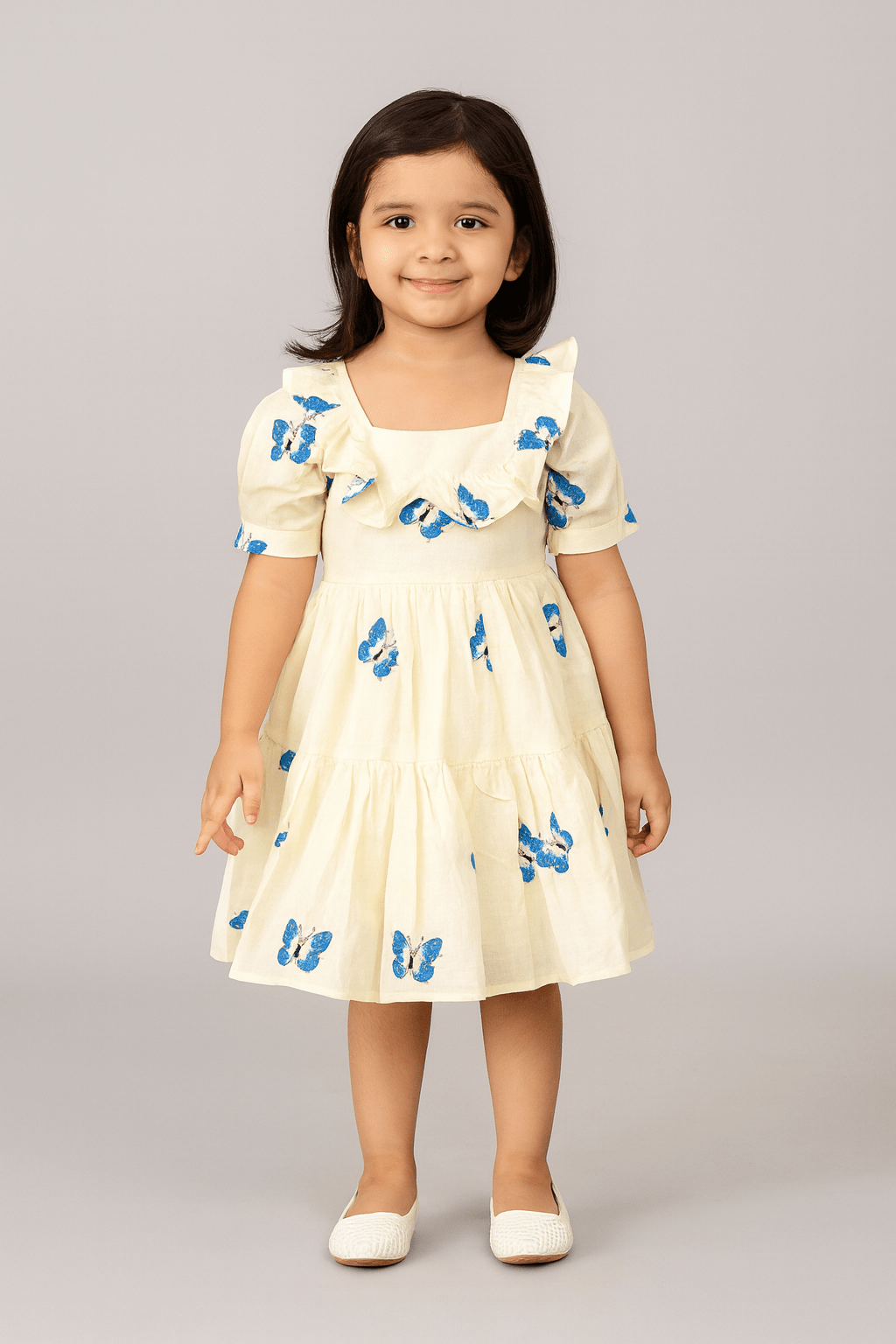 Kids Halfwhite With Blue Embroidery Butterfly Cotton Frock CF374 - Prince N Princess