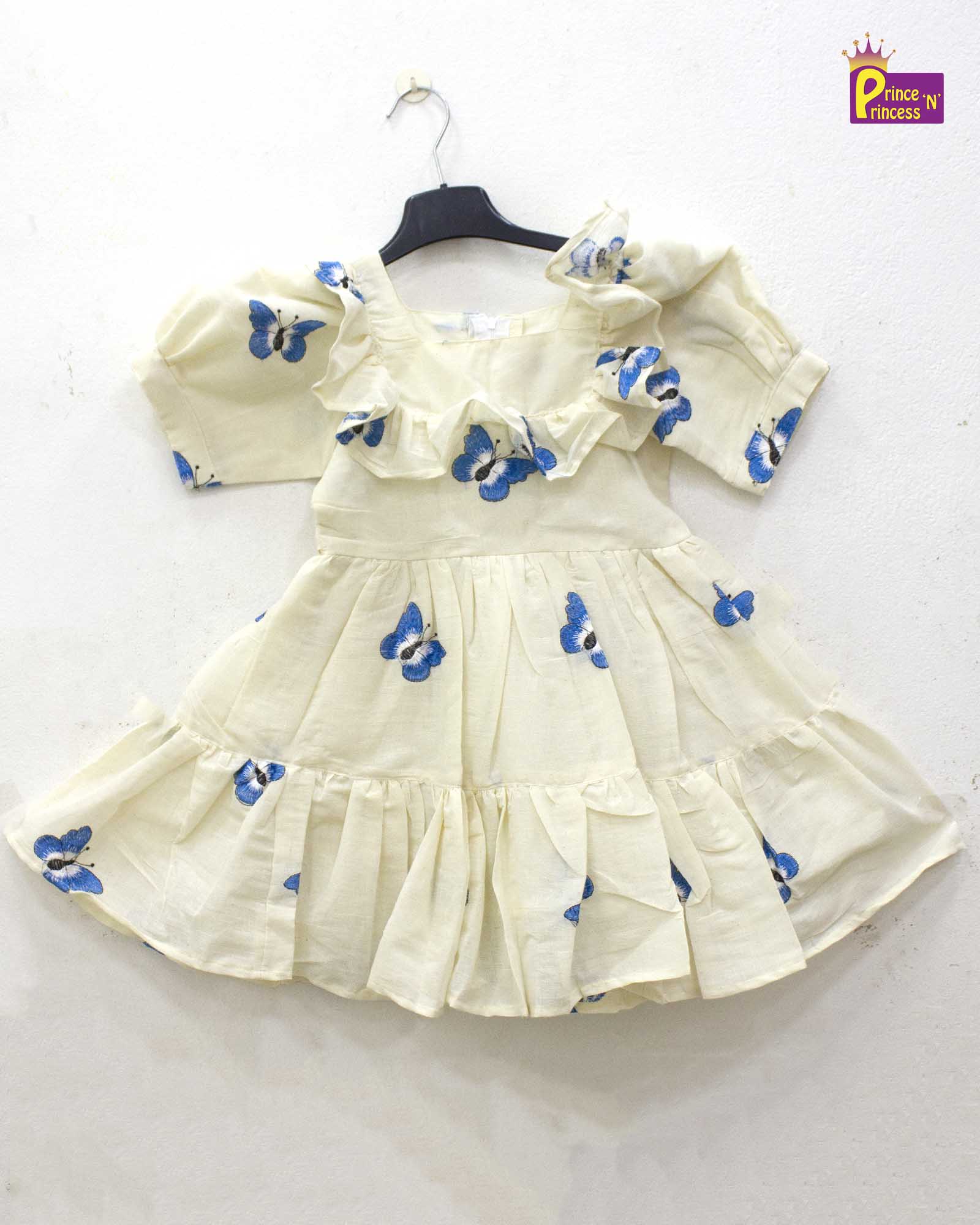 Kids Halfwhite With Blue Embroidery Butterfly Cotton Frock CF374 - Prince N Princess