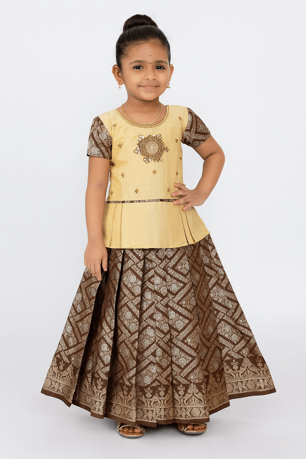 Kids Halfwhite with Brown Traditional AARI Work pattu Pavadai PPP1538 - Prince N Princess