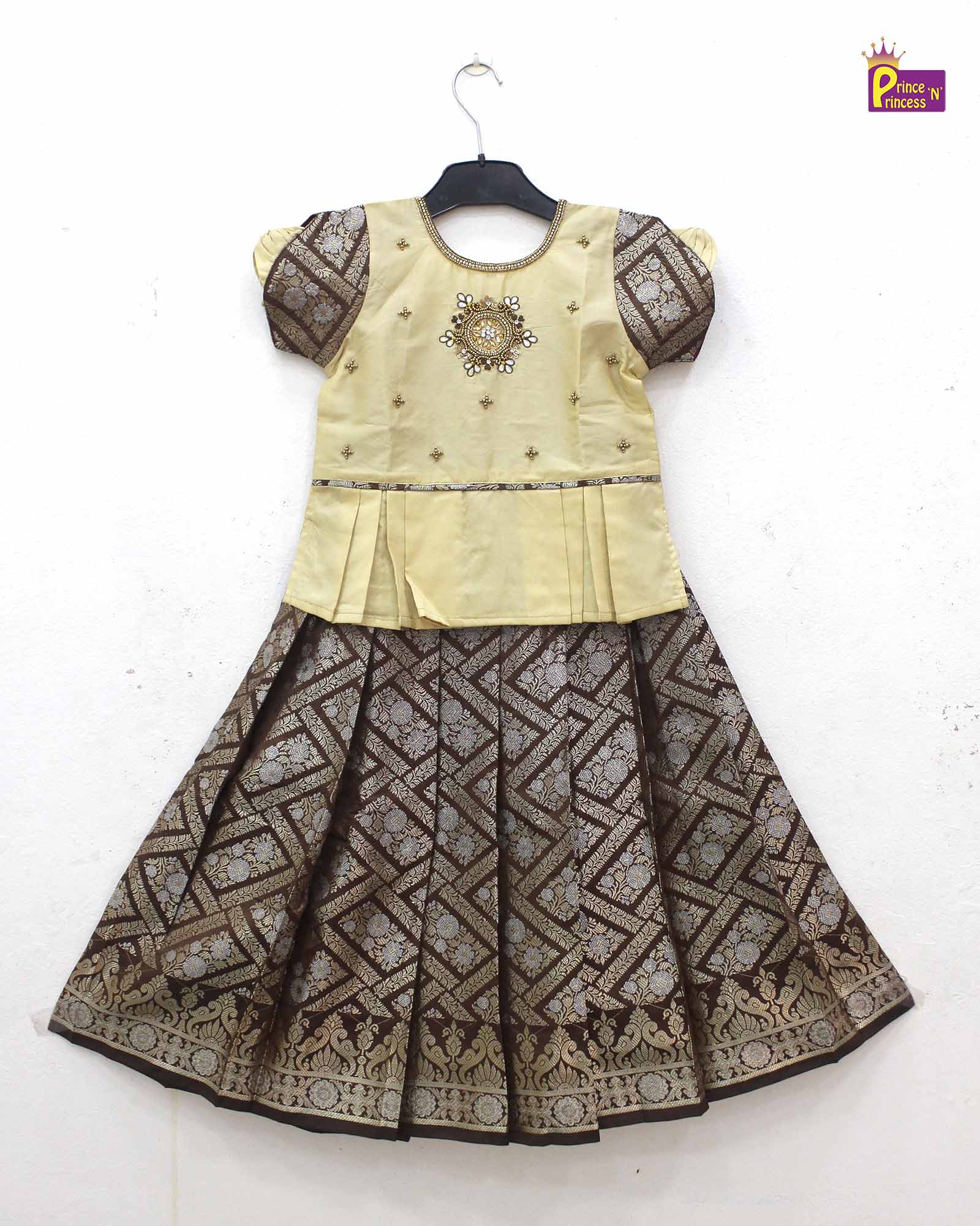 Kids Halfwhite with Brown Traditional AARI Work pattu Pavadai PPP1538 - Prince N Princess
