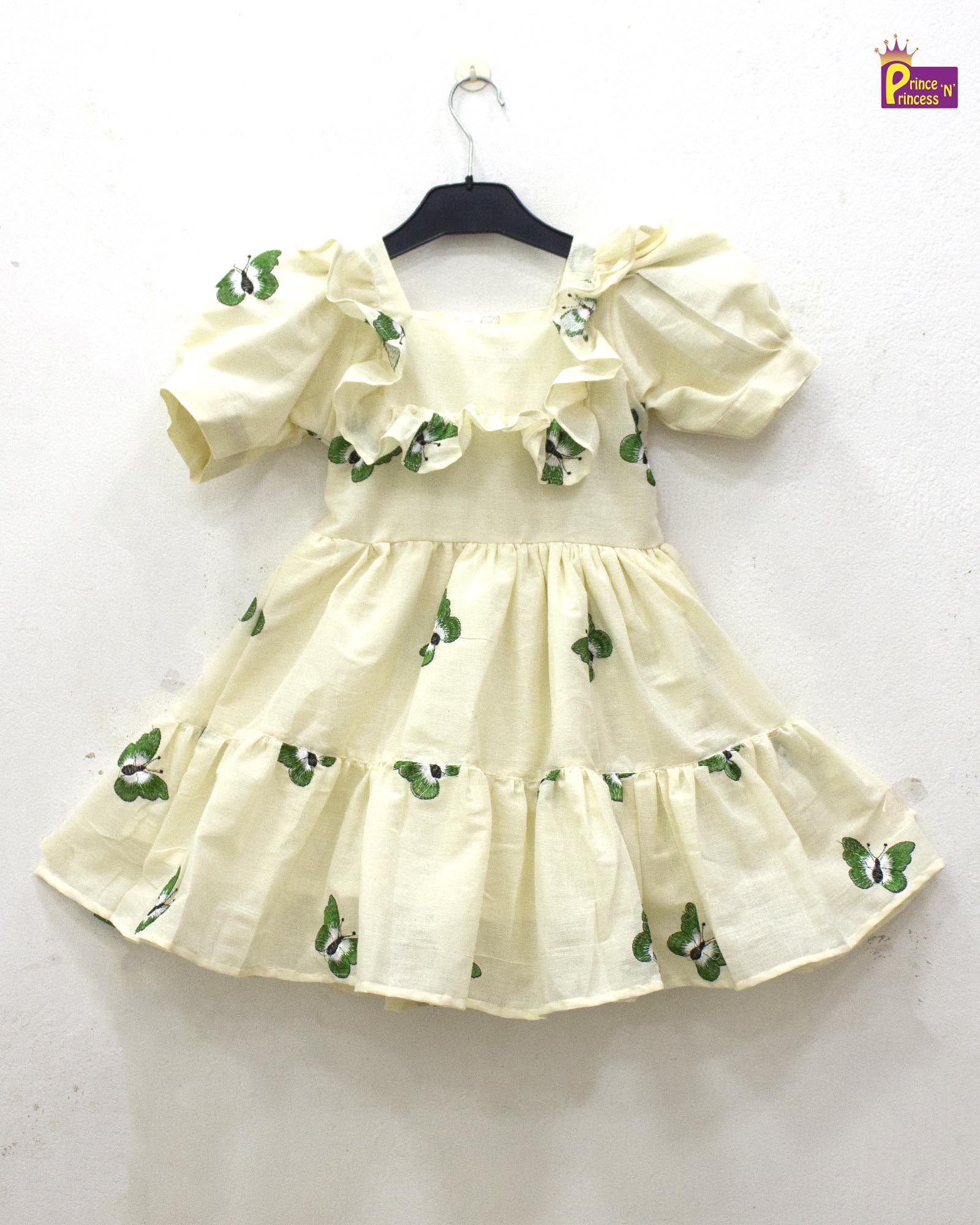 Kids Halfwhite With Green Embroidery Butterfly Cotton Frock CF378 - Prince N Princess