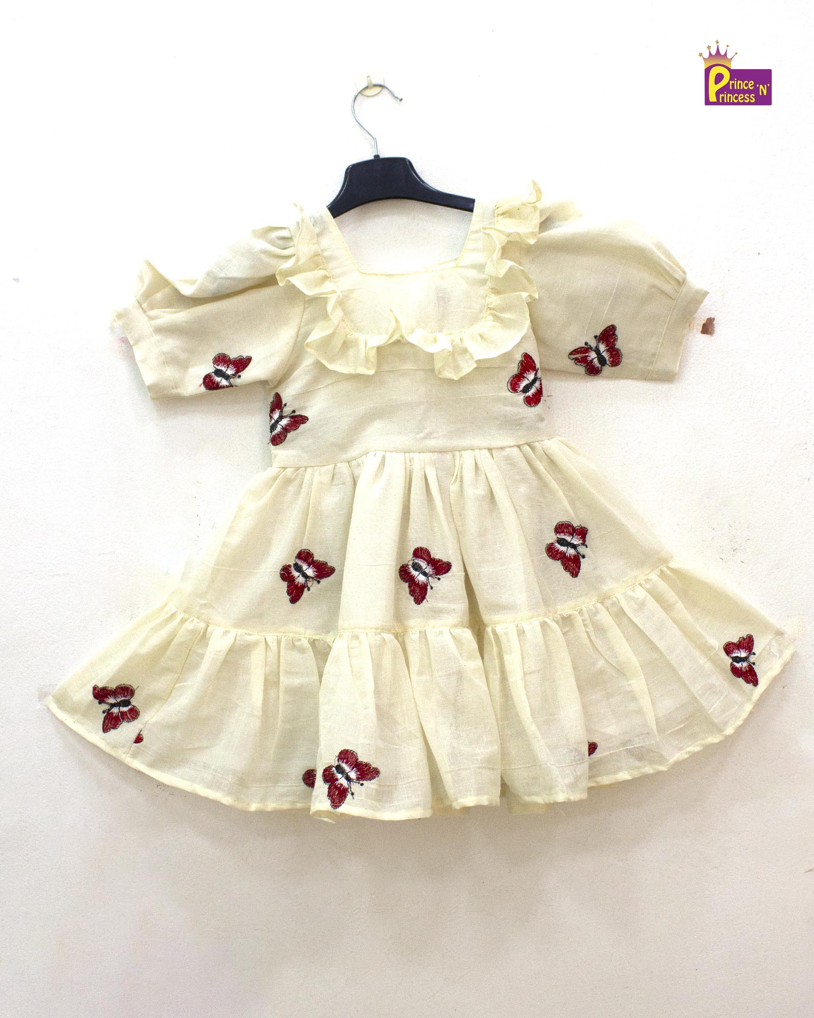 Kids Halfwhite With Red Printed Butterfly Cotton Frock CF370 - Prince N Princess