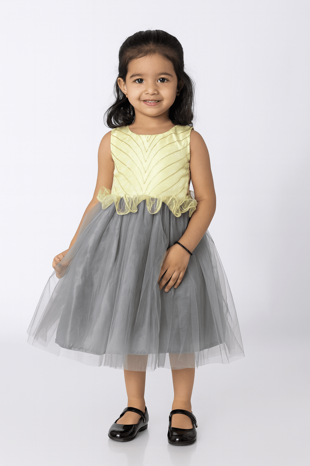 Kids Lemon Green and Grey Party Frock LDF297 - Prince N Princess