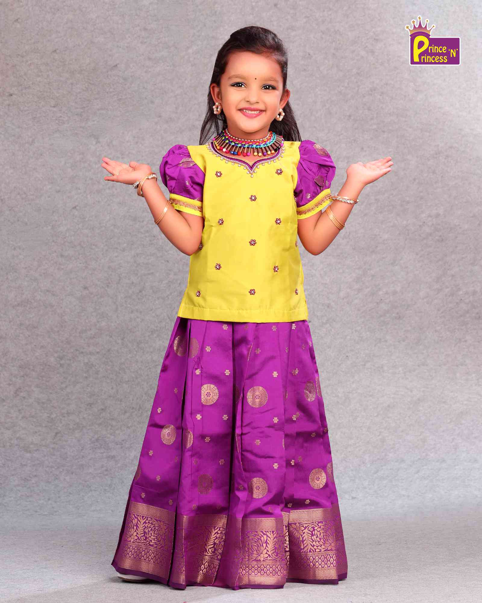 Kids Lemon Green with Purple Grand Aari Work Pattu Pavadai PPP1095 - Prince N Princess