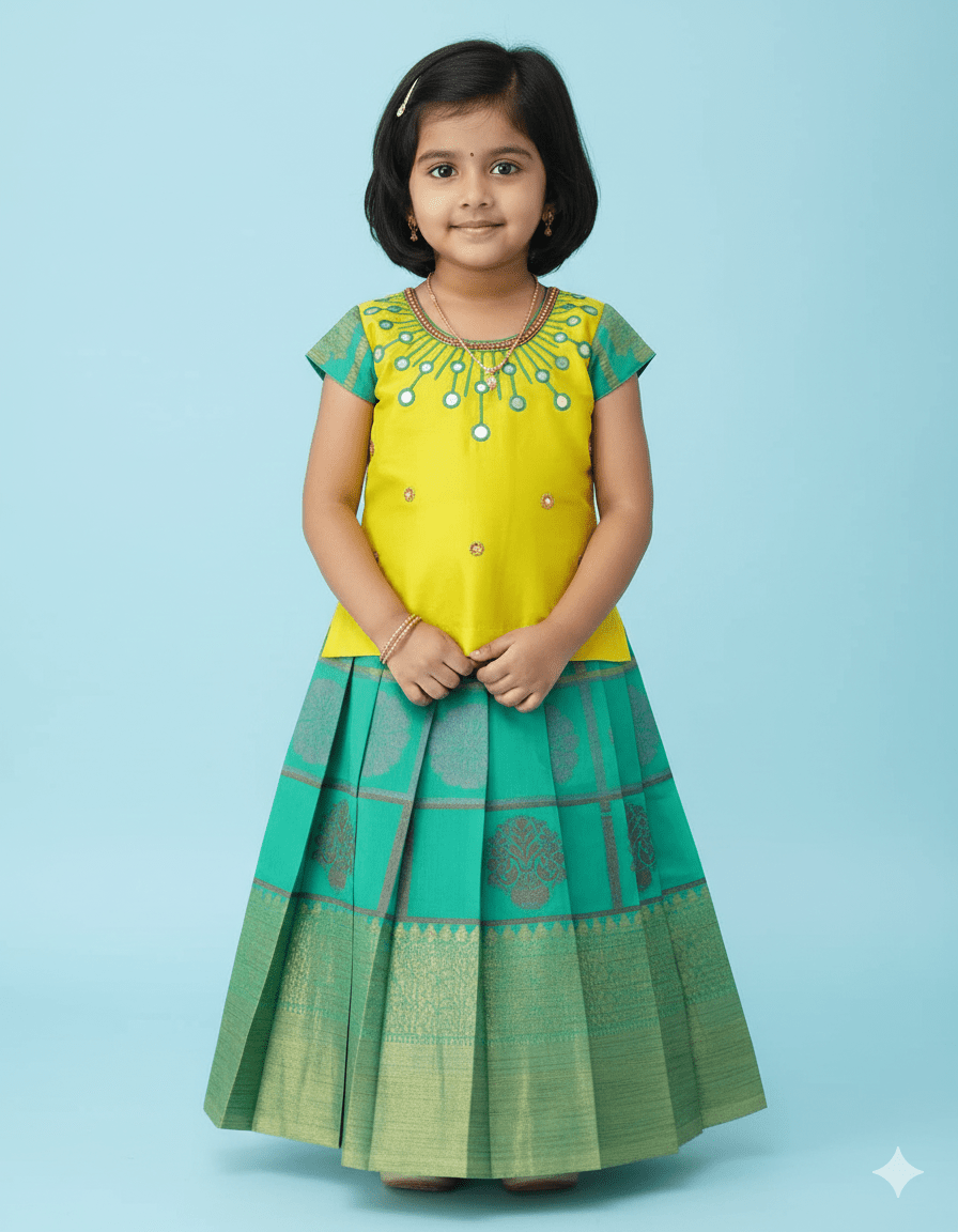 Kids Lemon Yellow Pista Green AARI Work Pattu Pavadai PPP850 - Prince N Princess