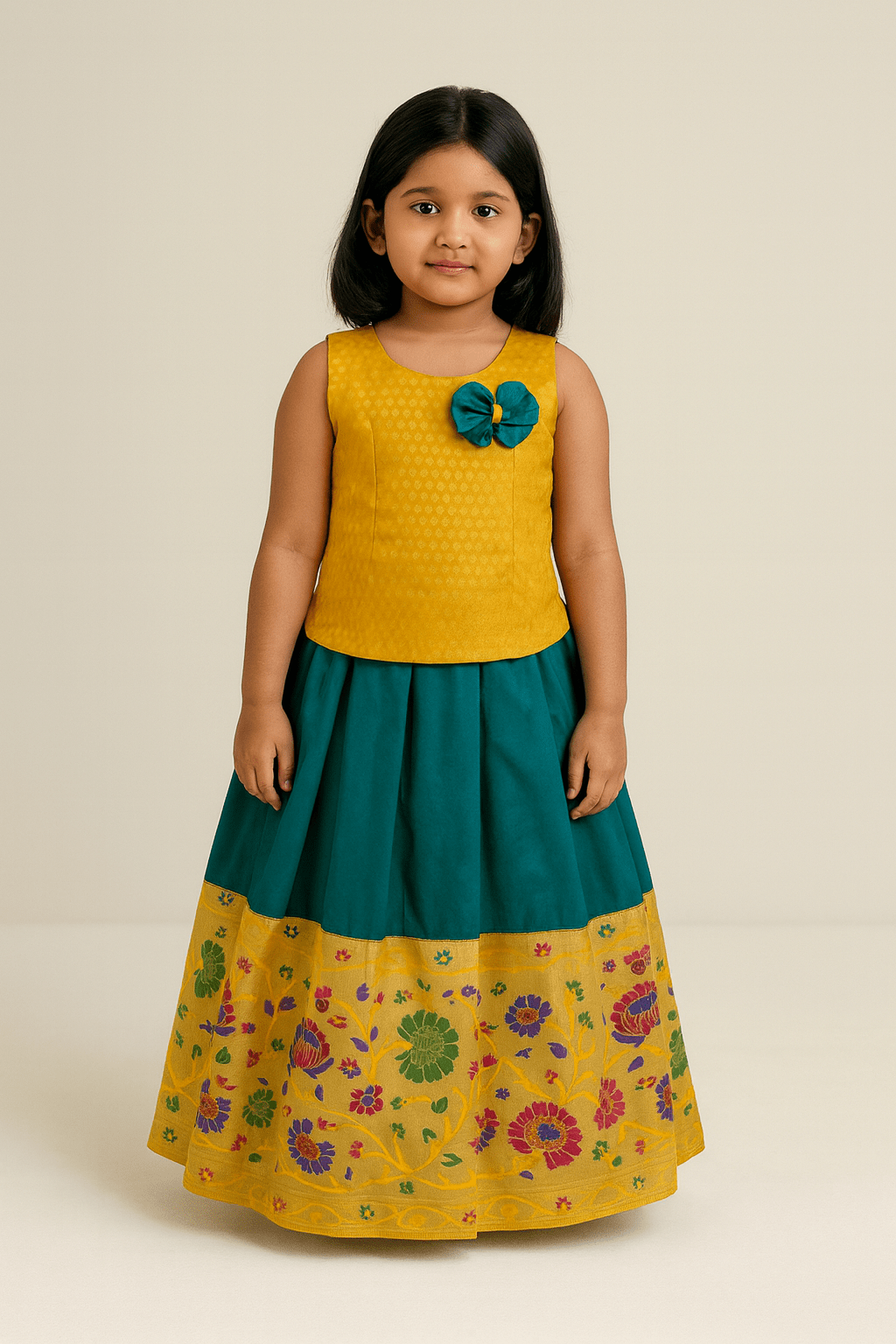 Kids Little Yellow and Green Traditional Pattupavadai PPP1822 - Prince N Princess