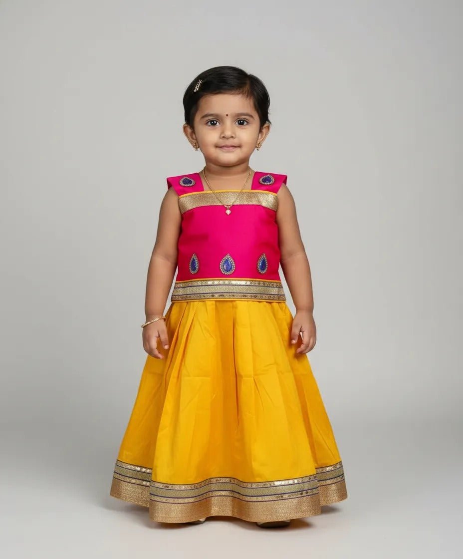 Kids Little Yellow and Pink Traditional Pattupavadai PPP1999 - Prince N Princess