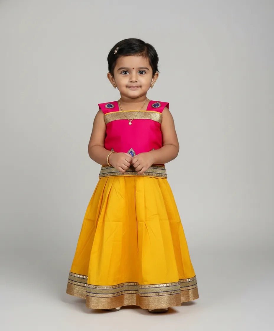 Kids Little Yellow and Pink Traditional Pattupavadai PPP1999 - Prince N Princess