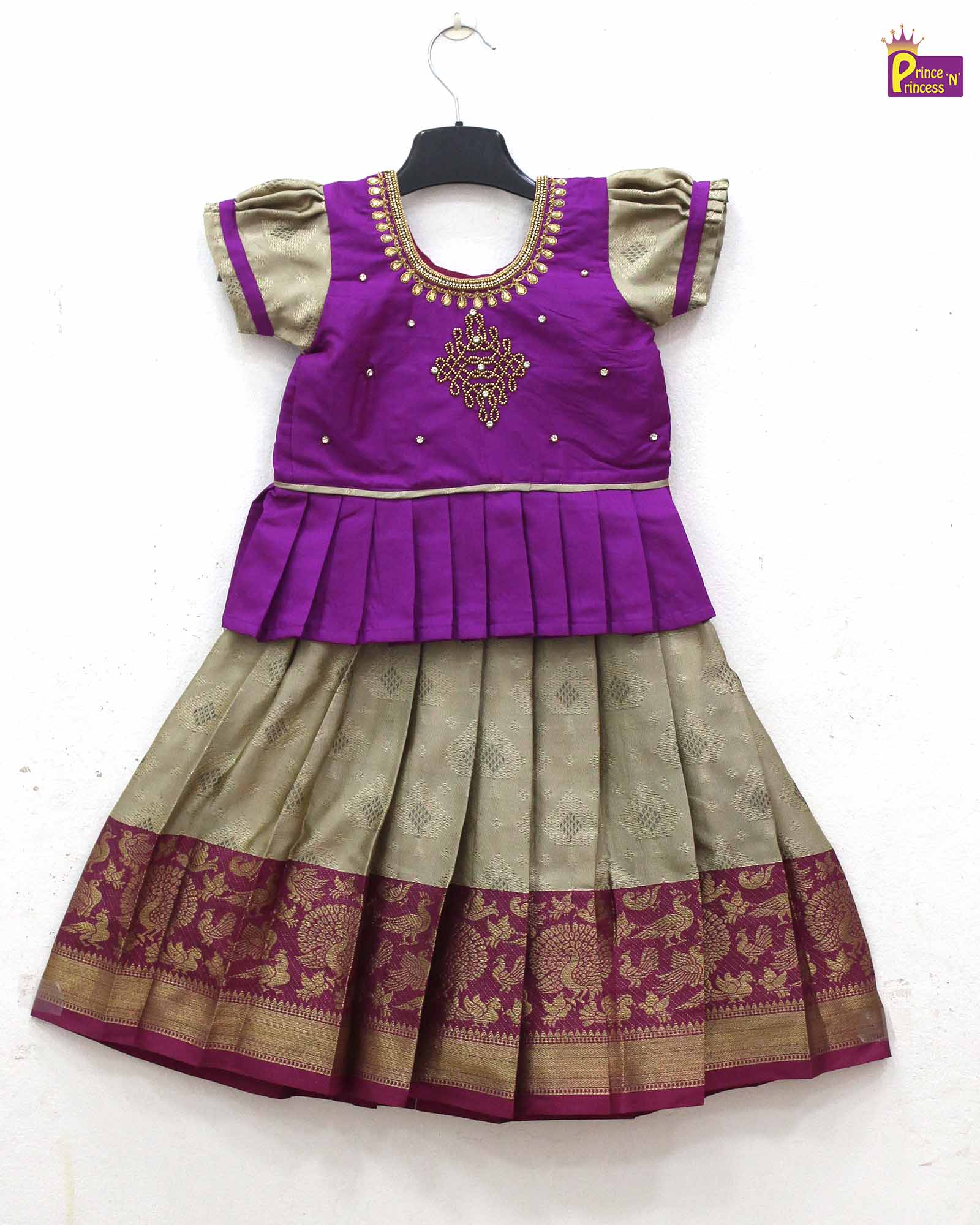 Kids Magenta Brown Aari Pattupavadai PPP1772 - Prince N Princess
