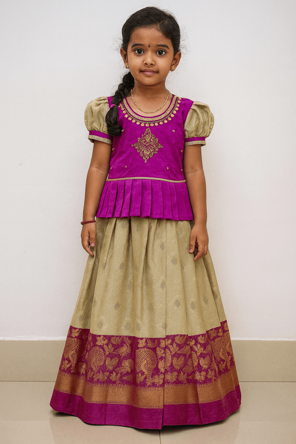 Kids Magenta Brown Aari Pattupavadai PPP1772 - Prince N Princess