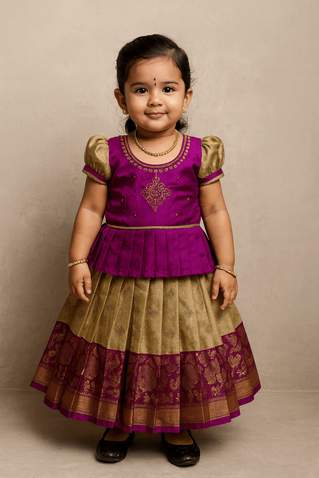 Kids Magenta Brown Aari Pattupavadai PPP1772 - Prince N Princess
