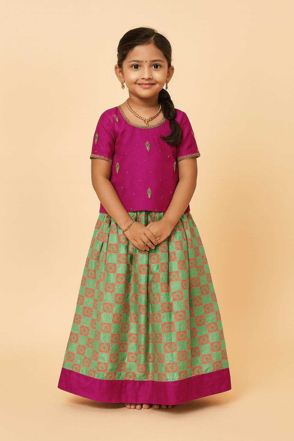 Kids Magenta Rama green AARI Work Designer Pattu Pavadai PPP808 - Prince N Princess