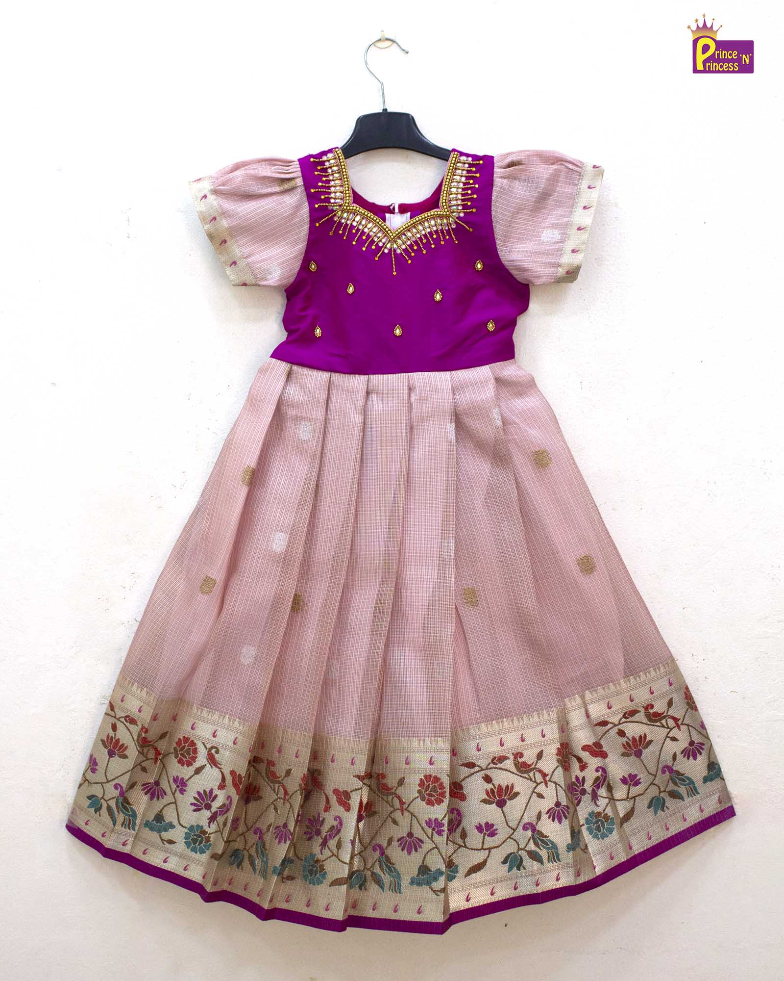 kids party gown with traditional mix of handmade aari work princenprincess