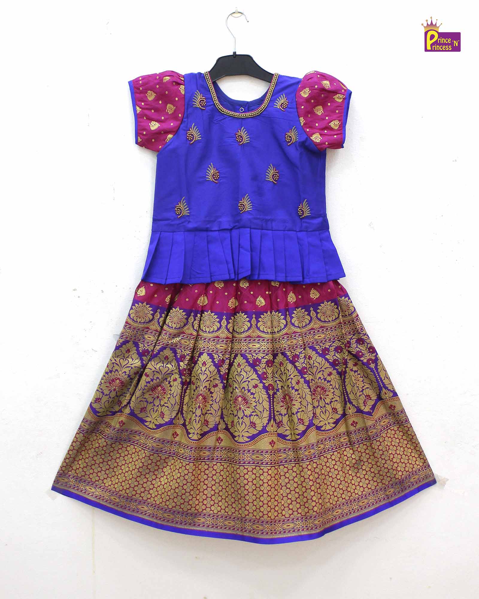 Kids Magenta with Blue Traditional AARI Pattu Pavadai PPP976 - Prince N Princess