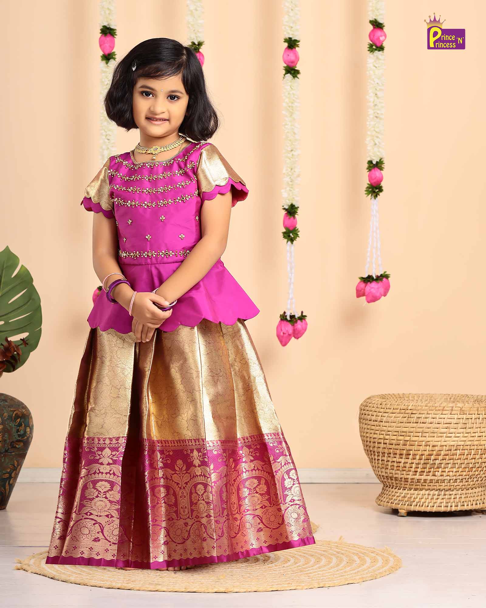 Kids Magenta with Golden Traditional Aari Pattupavadai PPP1693 ( We need 2 - 3 days of despatch time) - Prince N Princess