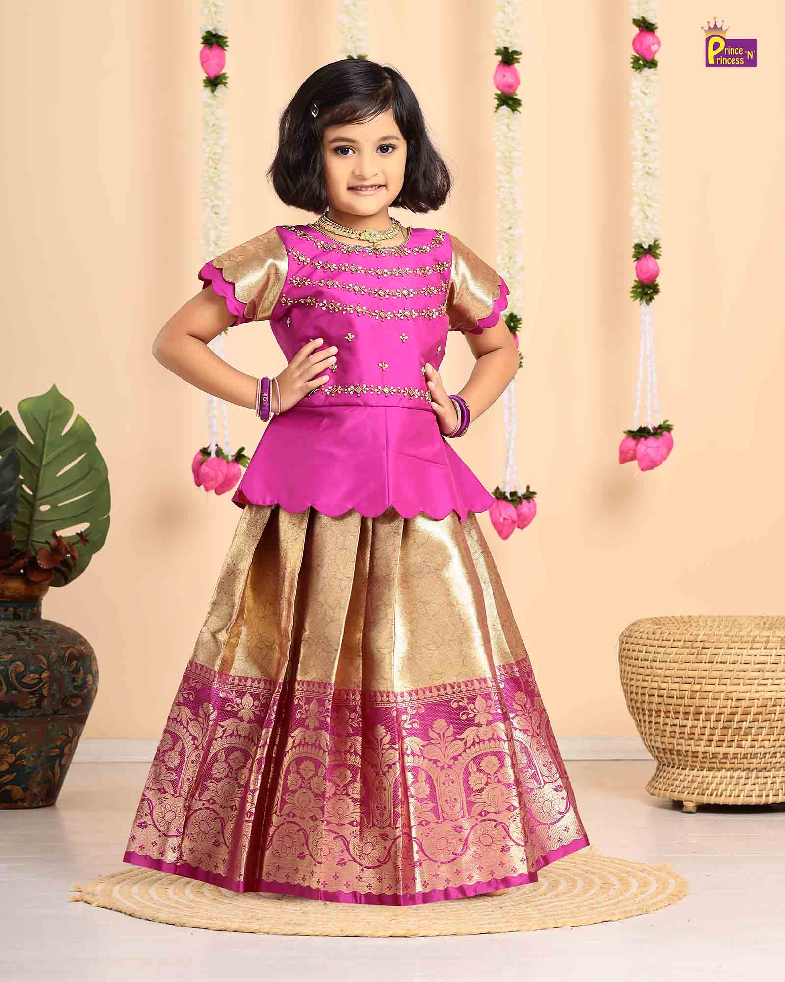 Kids Magenta with Golden Traditional Aari Pattupavadai PPP1693 ( We need 2 - 3 days of despatch time) - Prince N Princess