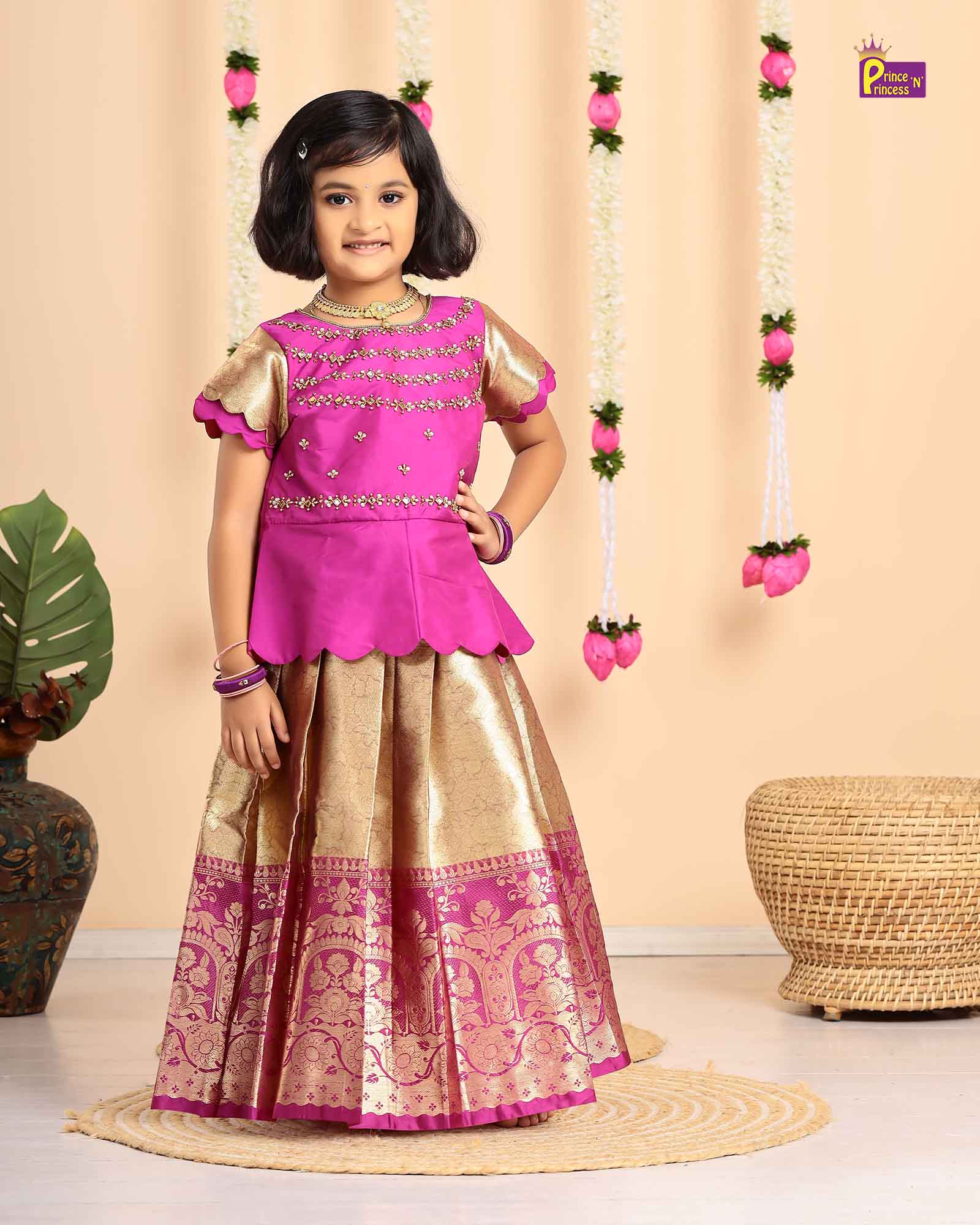 Kids Magenta with Golden Traditional Aari Pattupavadai PPP1693 ( We need 2 - 3 days of despatch time) - Prince N Princess