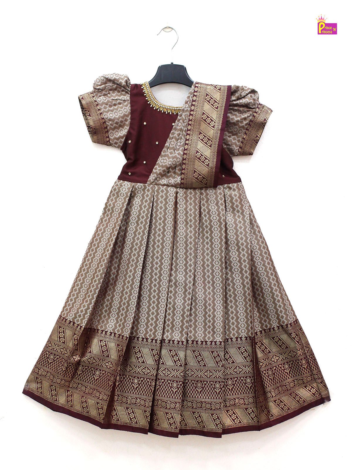 maroon banarasi pattu gown semi saree pleat aari work festival wear princenprincess