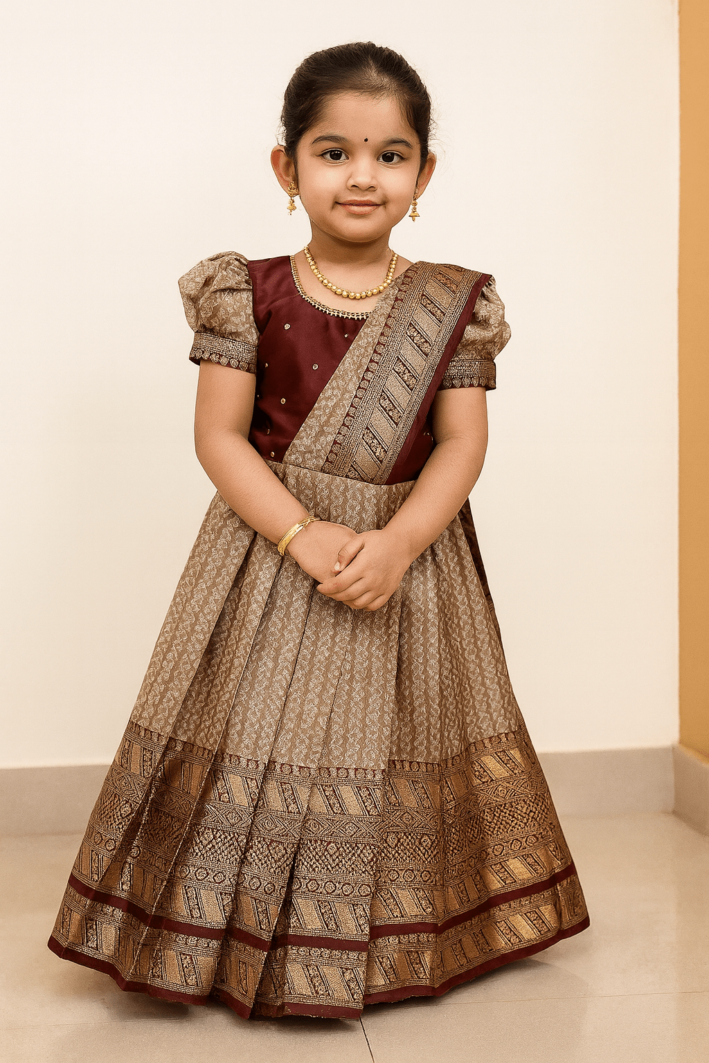 maroon banarasi pattu gown semi saree pleat aari work festival wear princenprincess